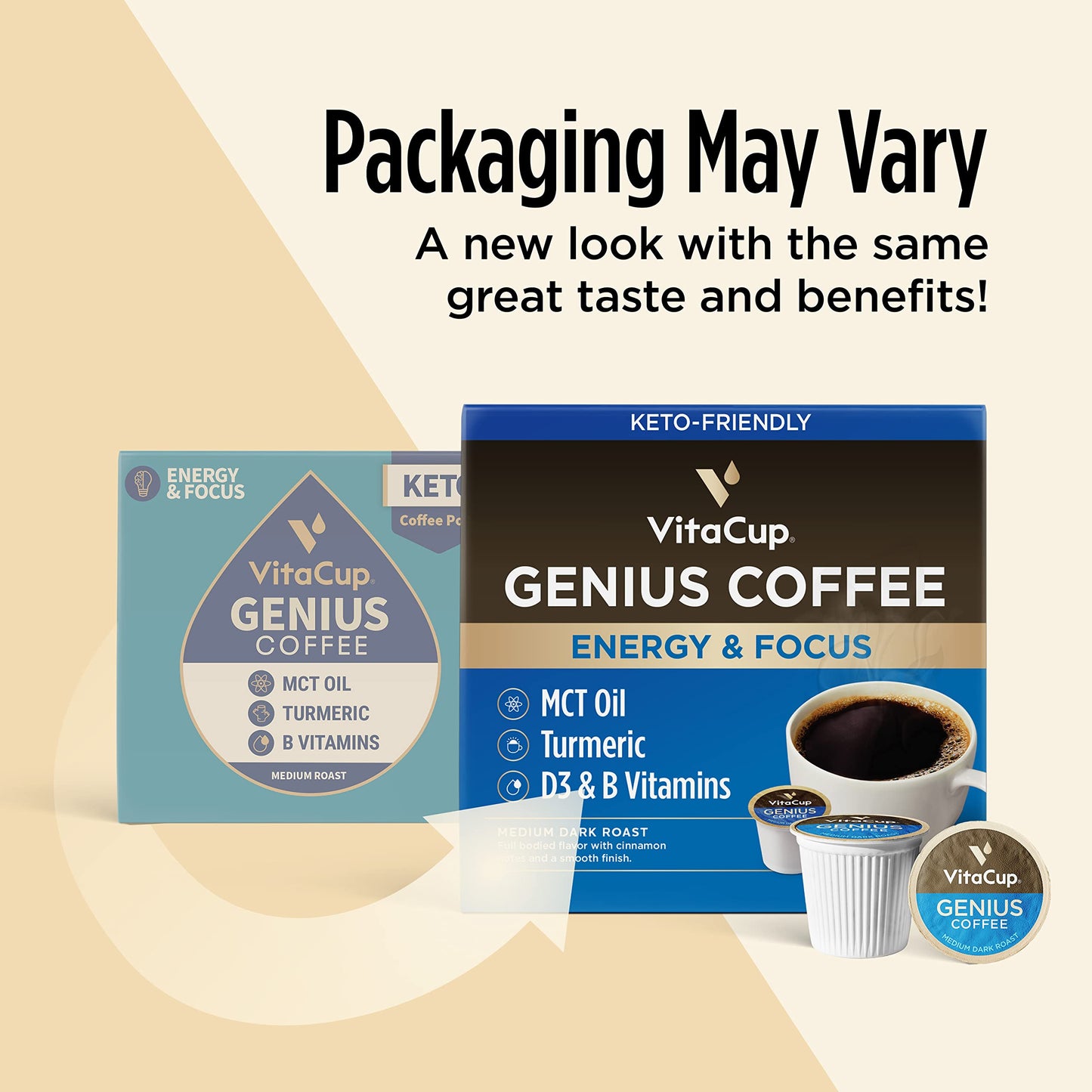 Vitacup Organic Genius Keto Coffee Pods, Increase Energy & Focus W/Mct Oil, Turmeric, B Vitamins, D3, Medium Dark Roast, Bold, Smooth, Single Serve Pod Compatible W/Keurig K-Cup Malt-Inspired,64 Ct