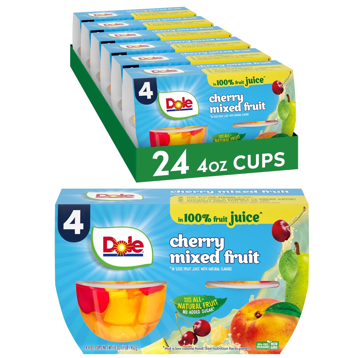 Dole Fruit Bowls Cherry Mixed Fruit in 100% Juice Snacks, 4oz 24 Total Cups, Gluten & Dairy Free, Bulk Lunch Snacks for Kids & A