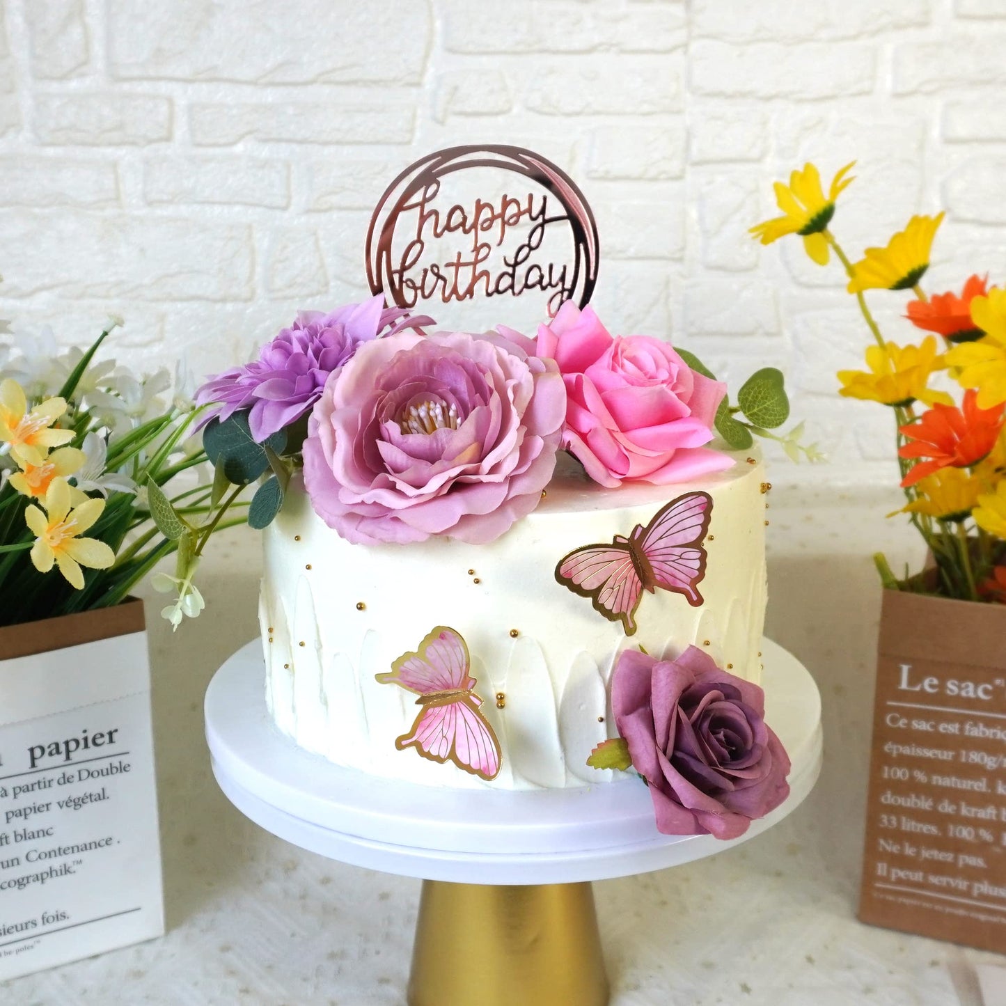 20 Pcs Flower Cake Toppers Butterfly Cake Decorations Happy Birthday Cake Toppers With Pink Purple Flowers Eucalyptus Butterflie