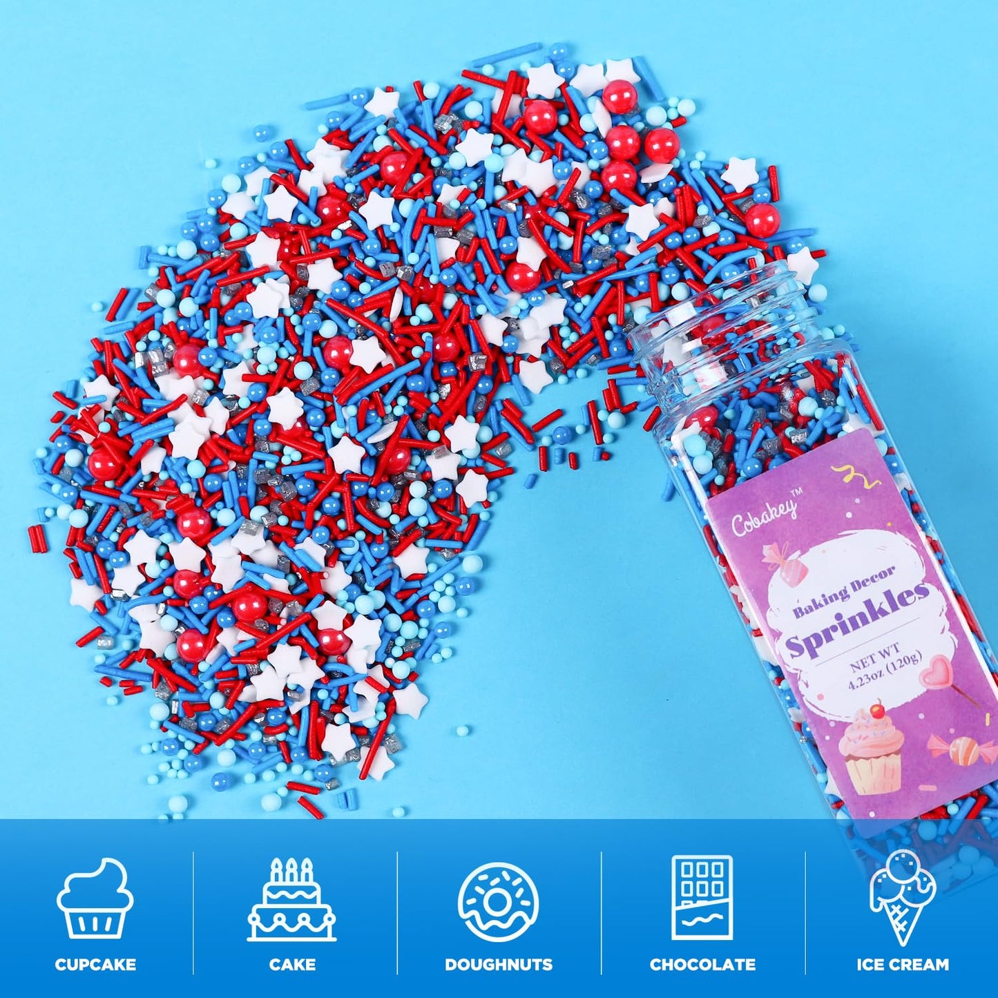 Cobakey Patriotic Sprinkles - Red White & Blue Cupcake Toppings, 4.23 Ounce for 4th of July Desserts