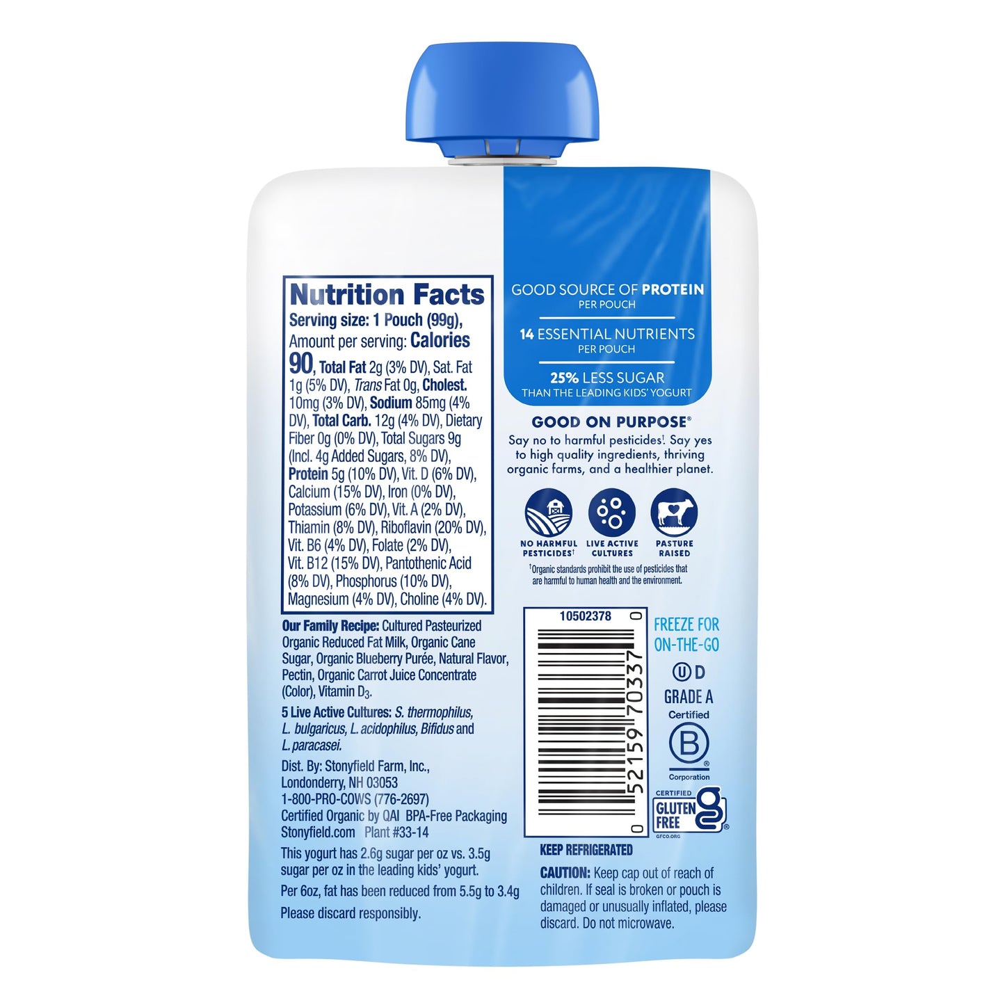 Stonyfield Organic Kids Blueberry Lowfat Yogurt, 3.5 oz. Pouch, Single Serve - Includes Live Active Cultures