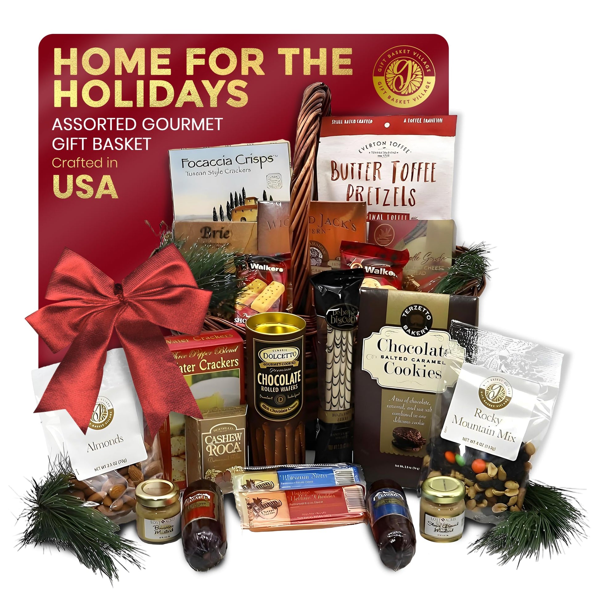 Gift Basket Village - Home For The Holidays Gourmet Gift Basket - Loaded With Crackers, Wafers, And Spreads - Food Gift Basket For All Occasions - Ideal Gourmet Gift Baskets For Family & Friends