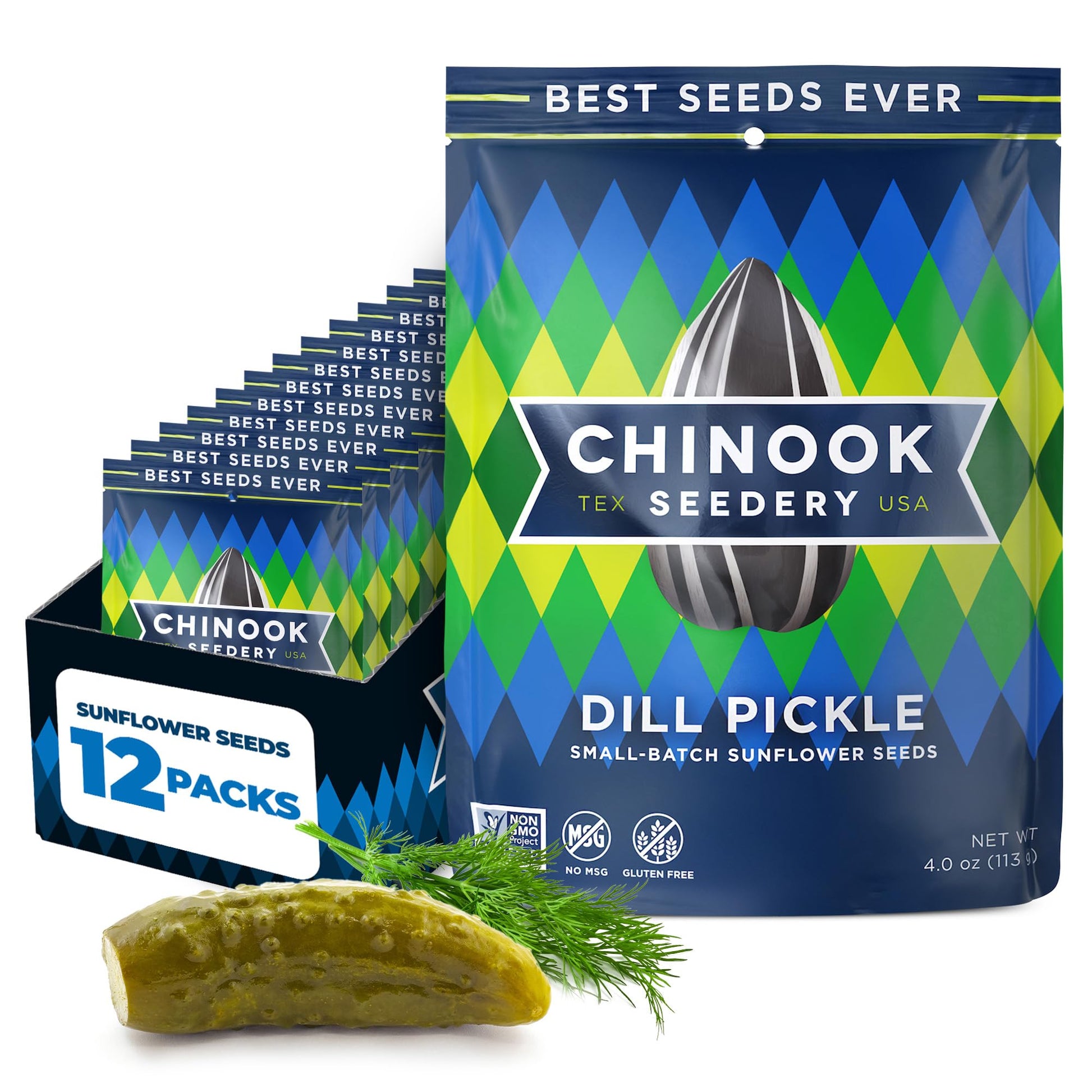 Chinook Seedery Roasted Jumbo Sunflower Seeds - Keto Snacks, Gluten-Free, Non-GMO, Dill Pickle Flavor 4 oz (12-Pack)
