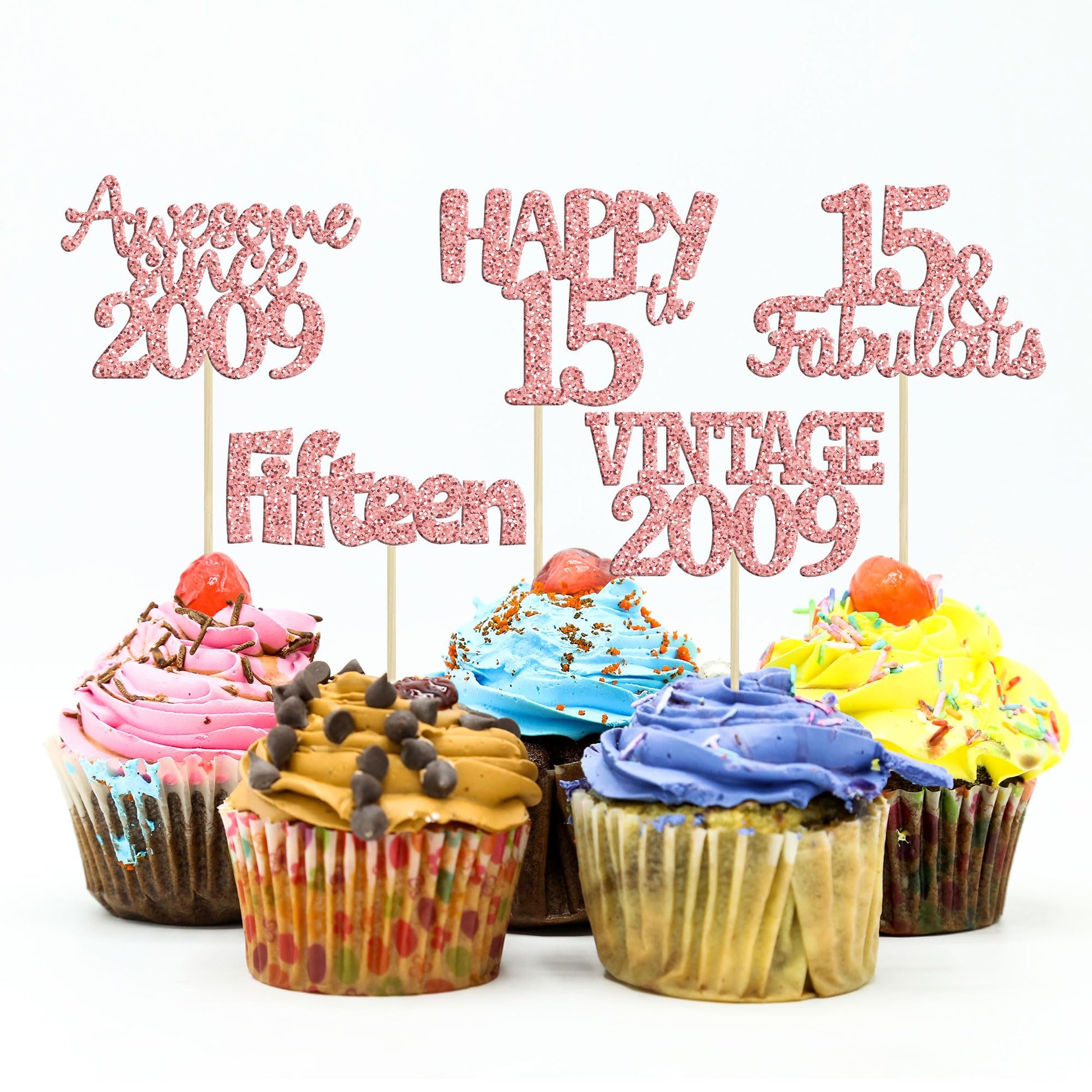 Gyufise 30Pcs Rose Gold Vintage 2009 Cupcake Toppers Glitter Happy 15Th Cheers To 15 Fabulous Sweet 15 Cupcake Picks 15Th Birthd