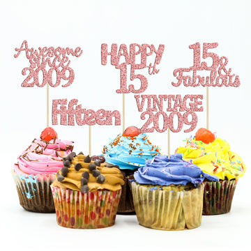 Gyufise 30Pcs Rose Gold Vintage 2009 Cupcake Toppers Glitter Happy 15Th Cheers To 15 Fabulous Sweet 15 Cupcake Picks 15Th Birthd