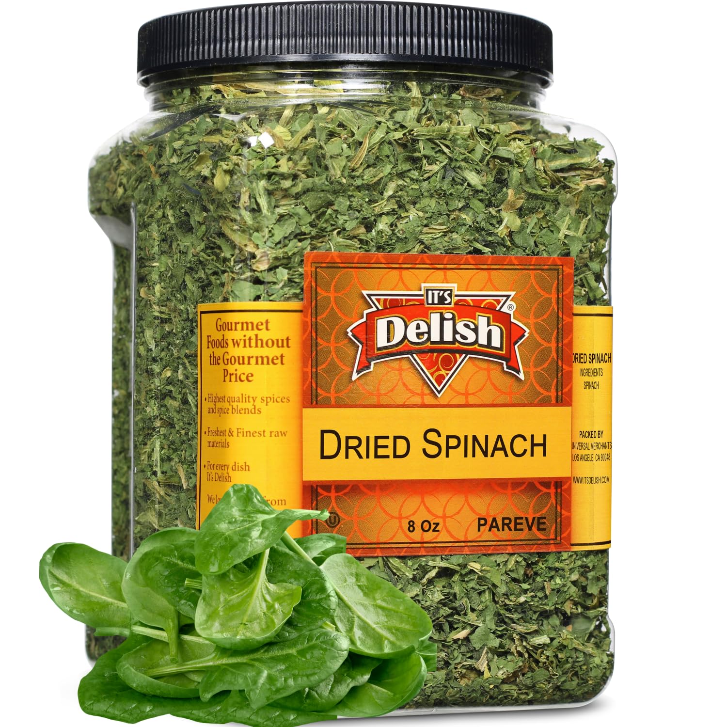 Gourmet Chopped Dried Spinach Flakes By Its Delish, 8 Oz Jumbo Reusable Container | Premium Natural Dehydrated Spinach Leaves Fo