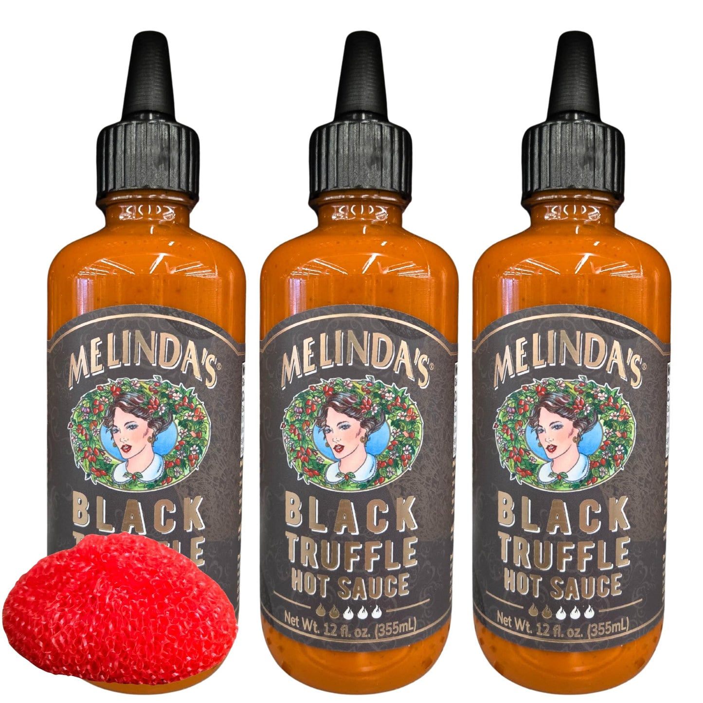 Black Truffle Hot Sauce, 12 fl. oz., 3 Pack with Bonus Dish Scrubber by RH940