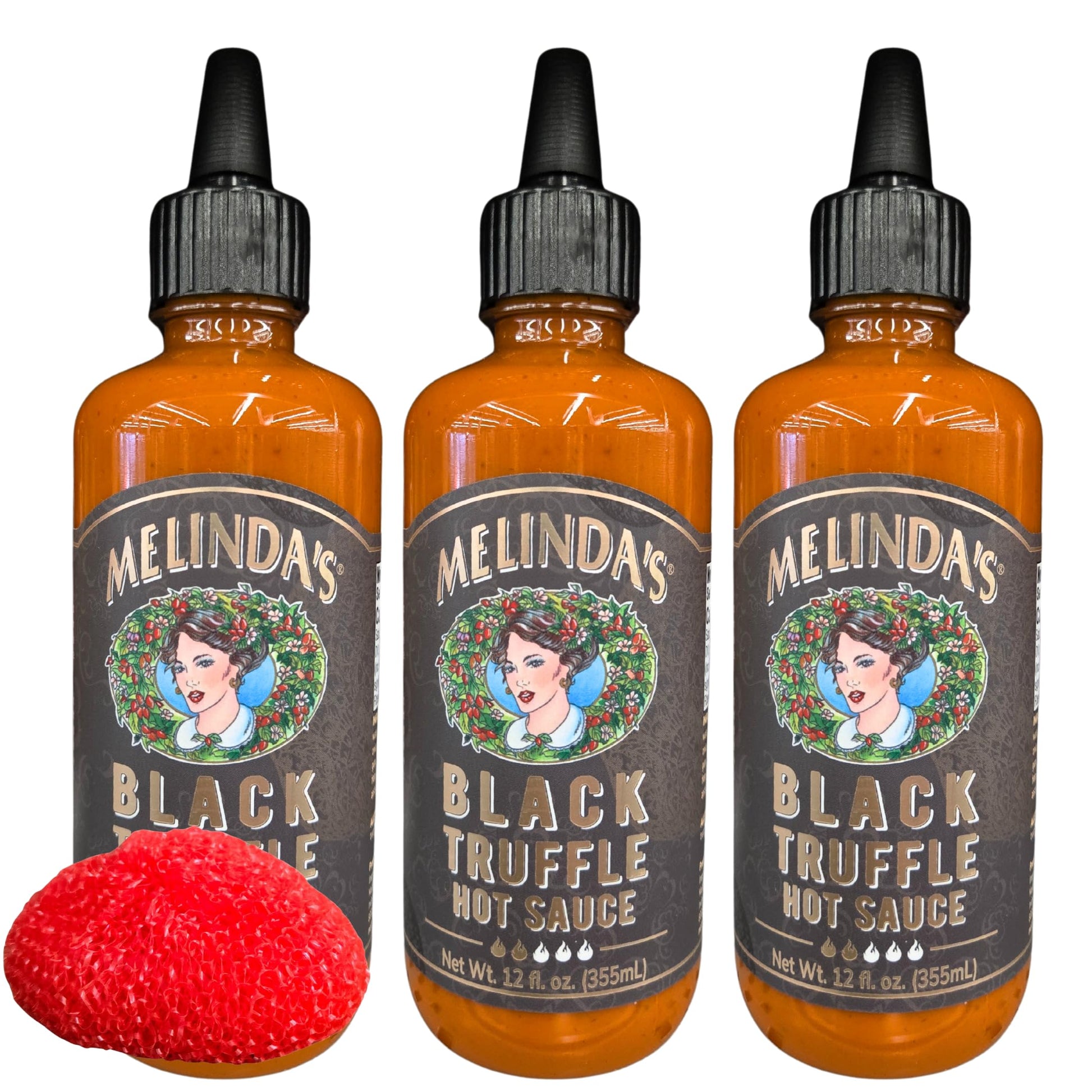 Black Truffle Hot Sauce, 12 fl. oz., 3 Pack with Bonus Dish Scrubber by RH940