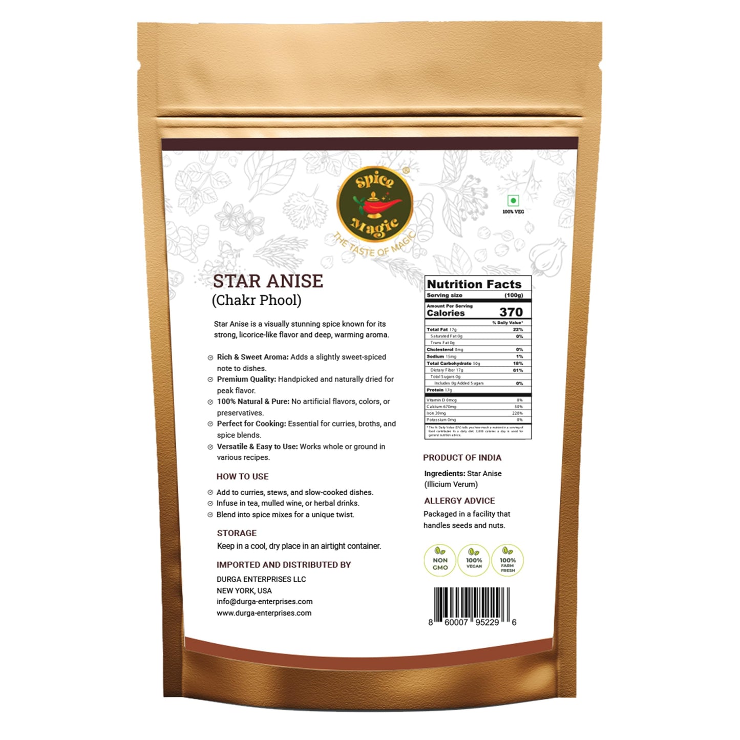 Spice Magic Star Anise - Premium Quality, Fresh & Aromatic, Non-Gmo, Perfect For Tea, Baking, And Cooking 3.5 Oz