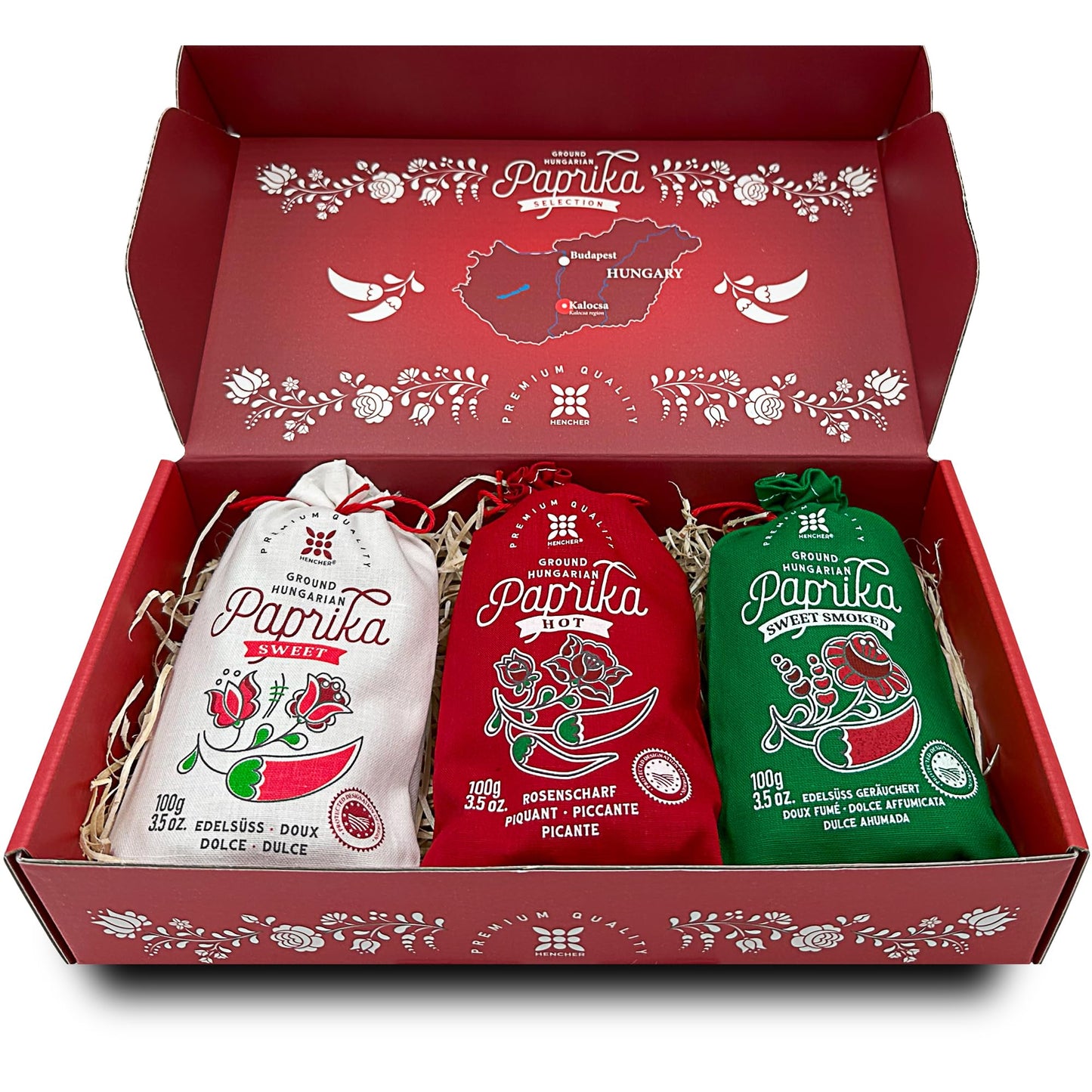 Hencher Hungarian Paprika Powder Gift Set - 3 Flavors (Sweet, Hot, Smoked) - 3x100g/3.5oz