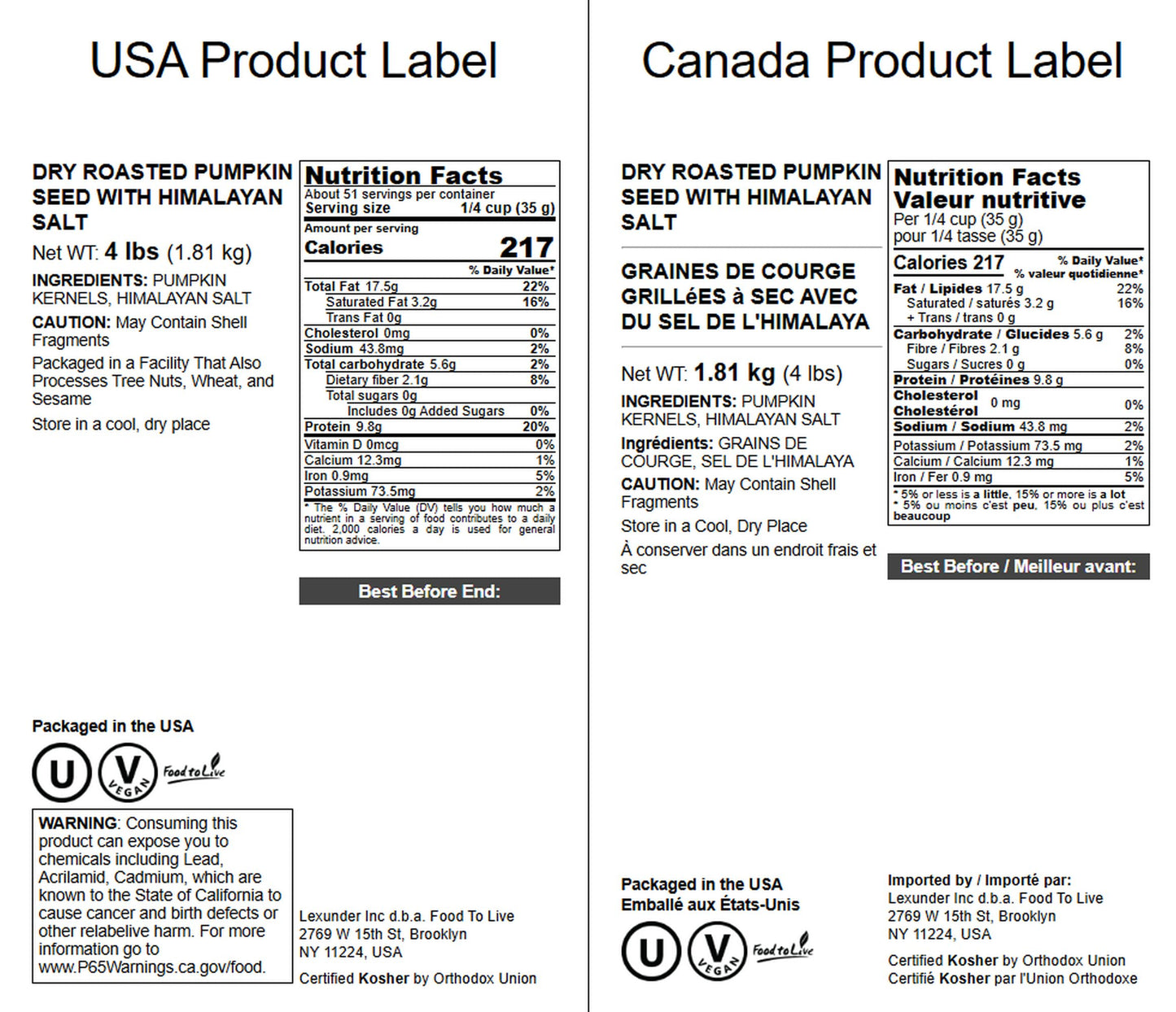 Food to Live Dry Roasted Pumpkin Seed with Himalayan Salt, 4 Pounds- Oven Roasted Pepitas, Lightly Salted, No Oil, Perfect for B