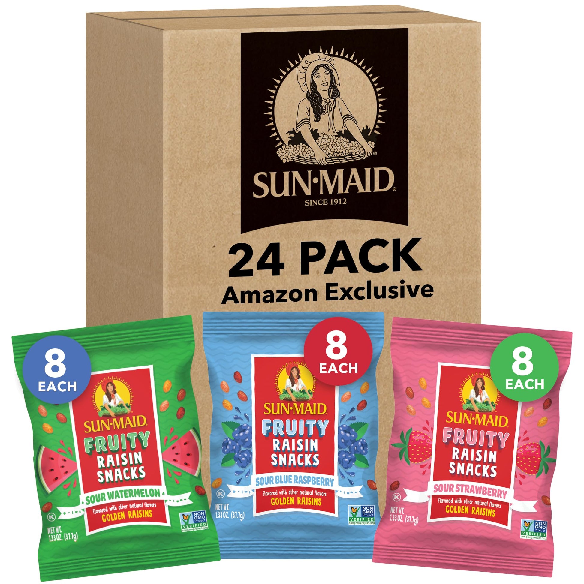 Sun-Maid Fruity Raisin Snack Variety Pack - Sour Strawberry  Watermelon & Blue Raspberry - (24 Pack) 1.33 oz Pouches - Tastes Like Sour Candy - Back To School Snacks