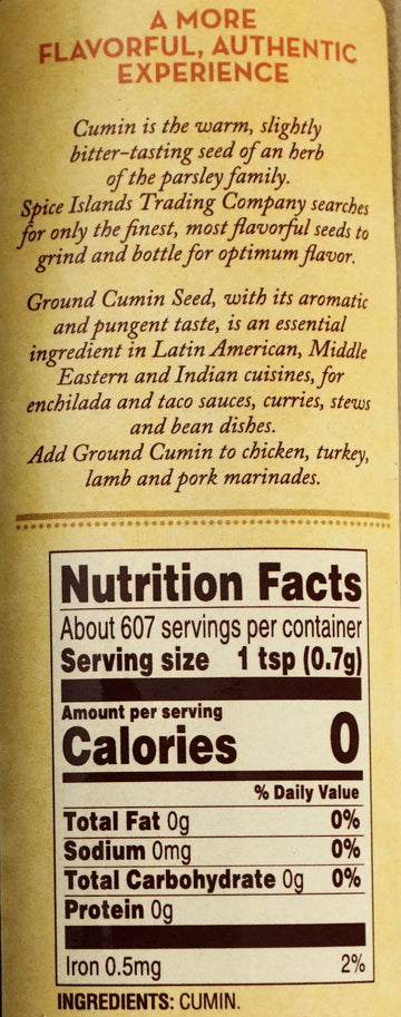 Spice Islands Ground Cumin Seed Herb Premium Authentic Flavor, 15 Ounce