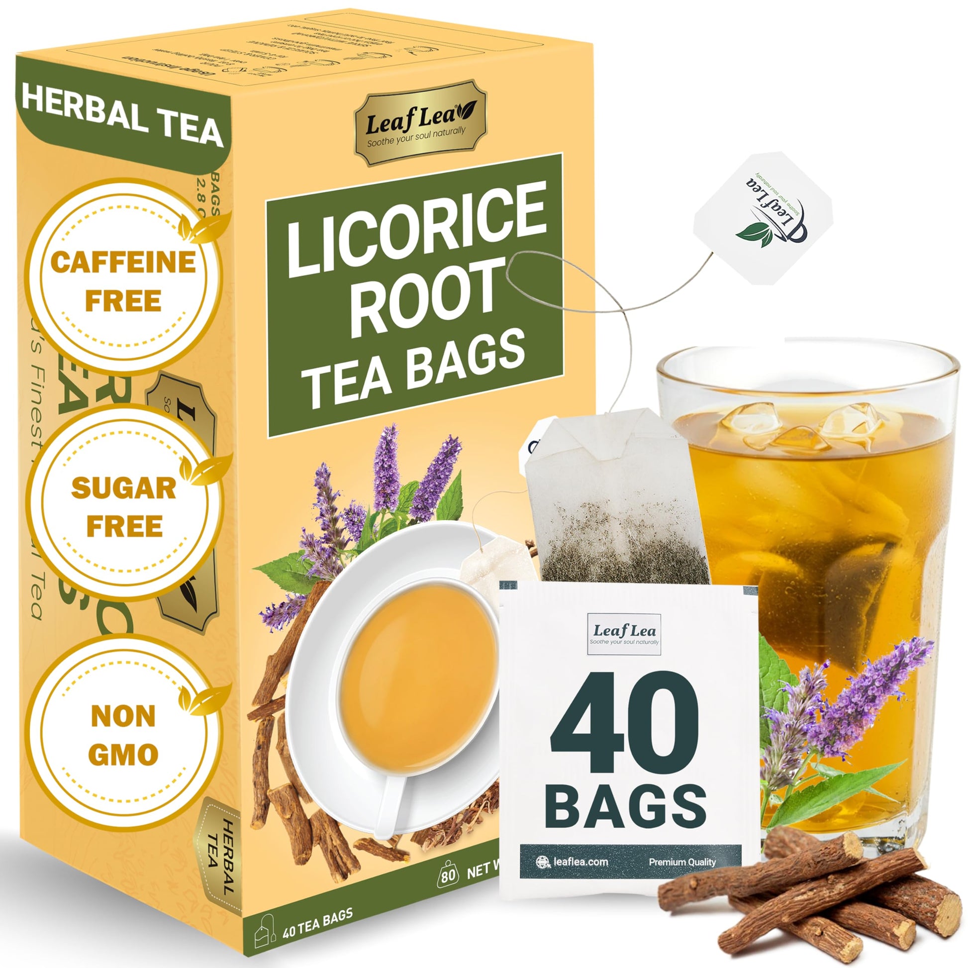 Leaflea 40 Top-Grade Licorice Root Tea Bags  100% Pure Licorice Spice Tea  Herbal Infusion To Digestive Comfort & Promote Respiratory Health  Te De Regaliz  Energy Blend-Free  Sugar-Free  Soothing Flavor