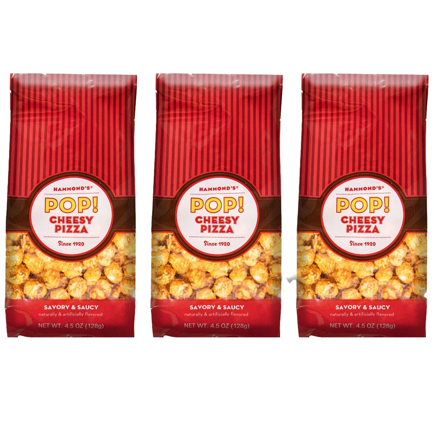 Hammond's Candies | Gourmet Cheese Pizza Popcorn | 3 Bags, Great for Snacking | Small Batches Popped to Perfection | Handcrafted
