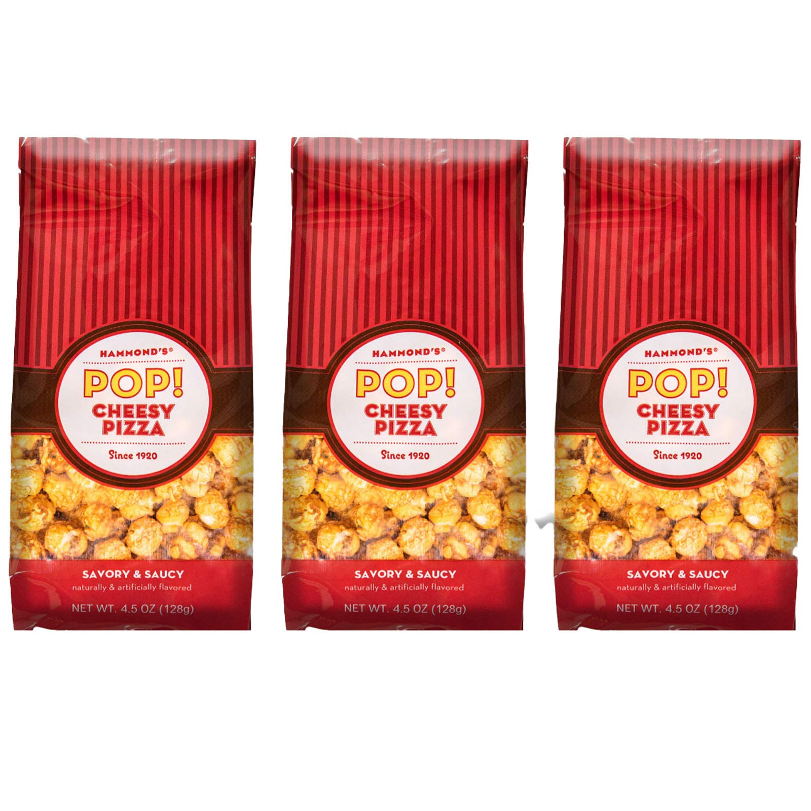 Hammond's Candies | Gourmet Cheese Pizza Popcorn | 3 Bags, Great for Snacking | Small Batches Popped to Perfection | Handcrafted