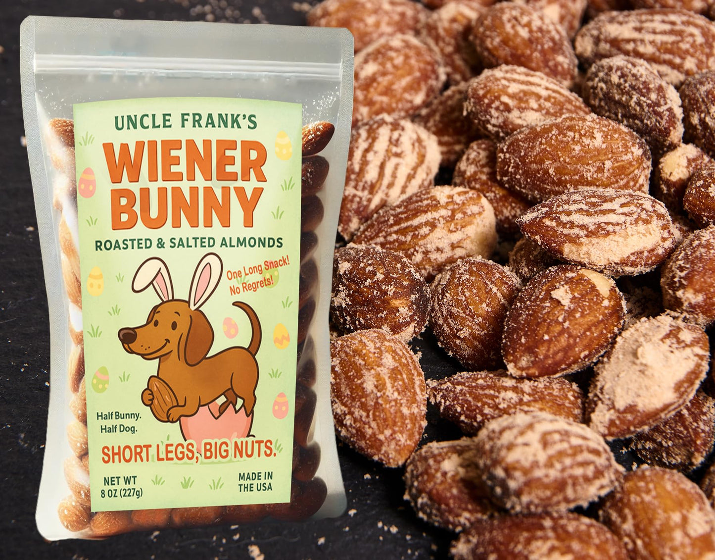 Gears Out Uncle Frank’s Wiener Bunny - Roasted & Salted Almonds, Dog-Themed Gift for Doxie Lovers, 8oz, Made in the USA