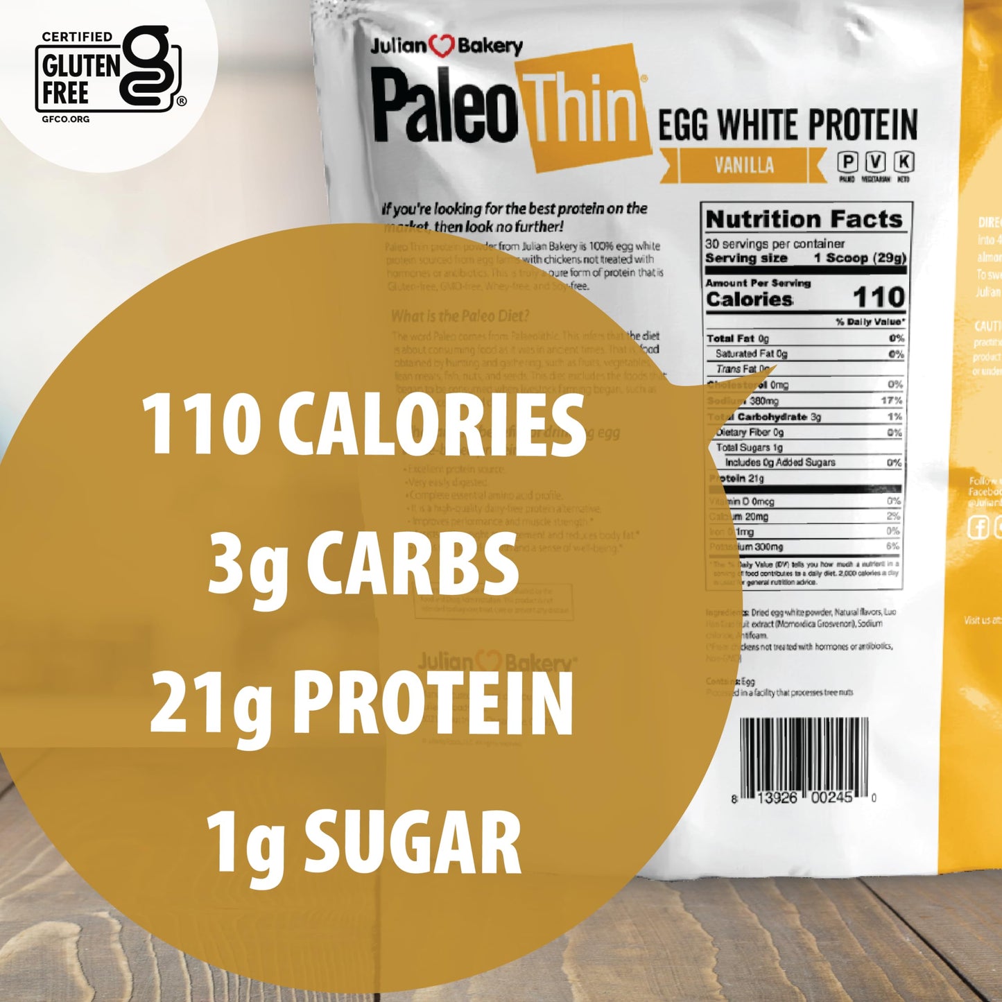 Julian Bakery Paleo Thin Protein Powder | Vanilla | Egg White | 21g Protein | 3 Net Carbs | Soy-Free | 1.92 LBS | 30 Servings