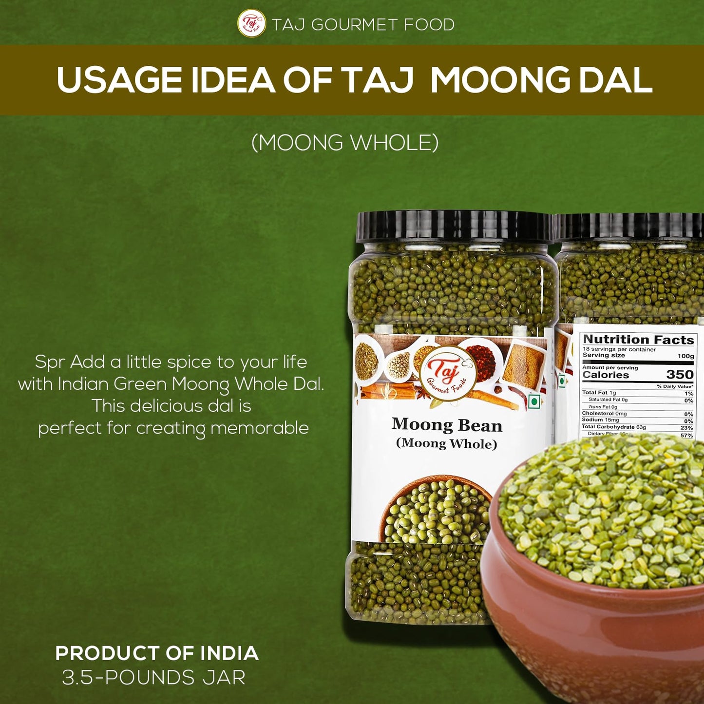 TAJ Premium Indian Moong Dal Whole, Mung Beans, 3.5-Pounds Jar