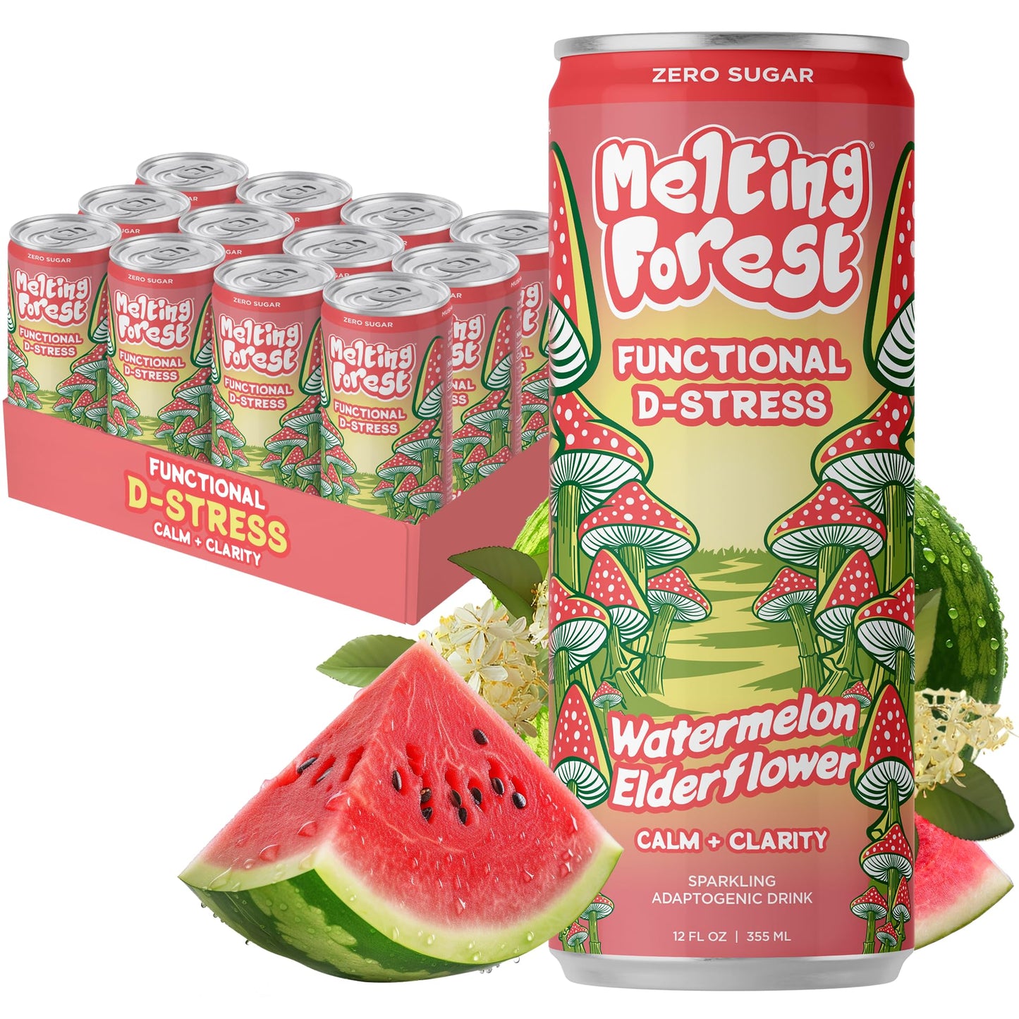 Melting Forest Mushroom D-Stress Drink - Reishi & Lions Mane - Stress Relieving & Focus - Cognitive Function & Mental Clarity - 12 Pack - Watermelon Elderflower
