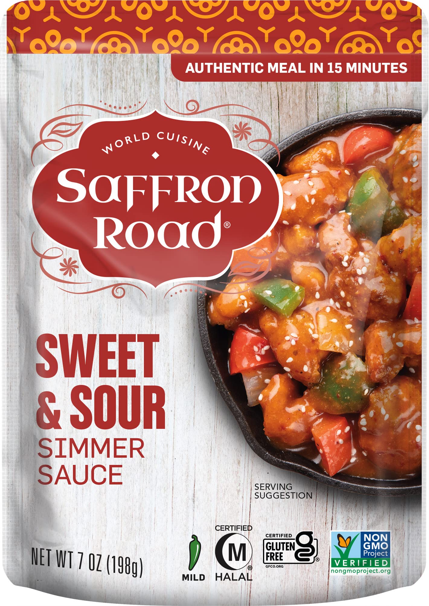 Saffron Road Sweet and Sour Simmer Sauce, Gluten-Free, Vegan, Non-GMO, 7oz Pouch, Pack of 4
