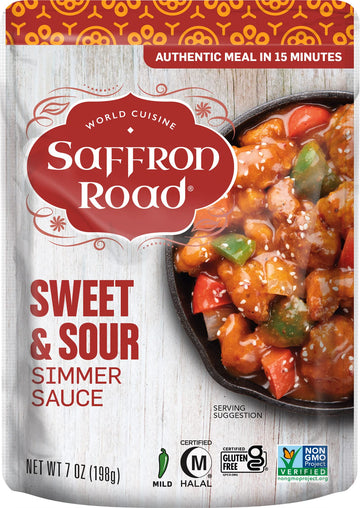 Saffron Road Sweet and Sour Simmer Sauce, Gluten-Free, Vegan, Non-GMO, 7oz Pouch, Pack of 4