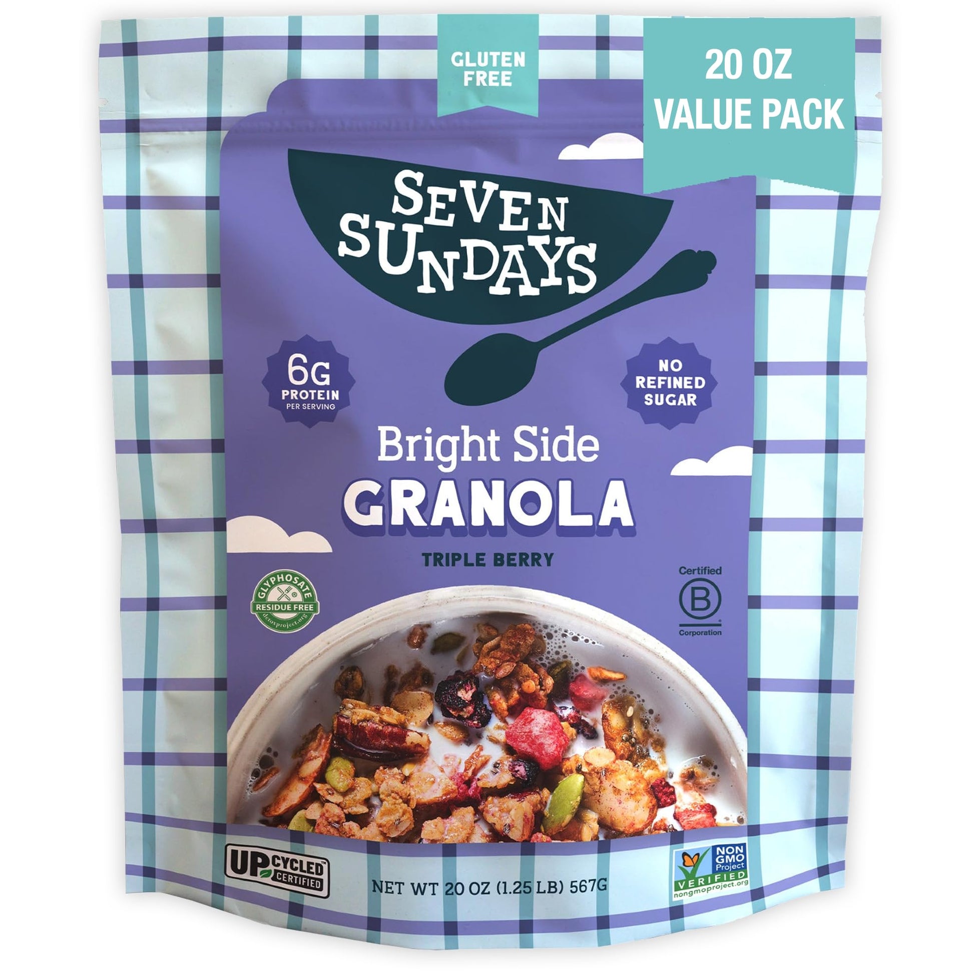 Seven Sundays Bright Side Triple Berry Granola 20 oz - Gluten Free Granola with Blueberries, Strawberries & Raspberries, 3X Less