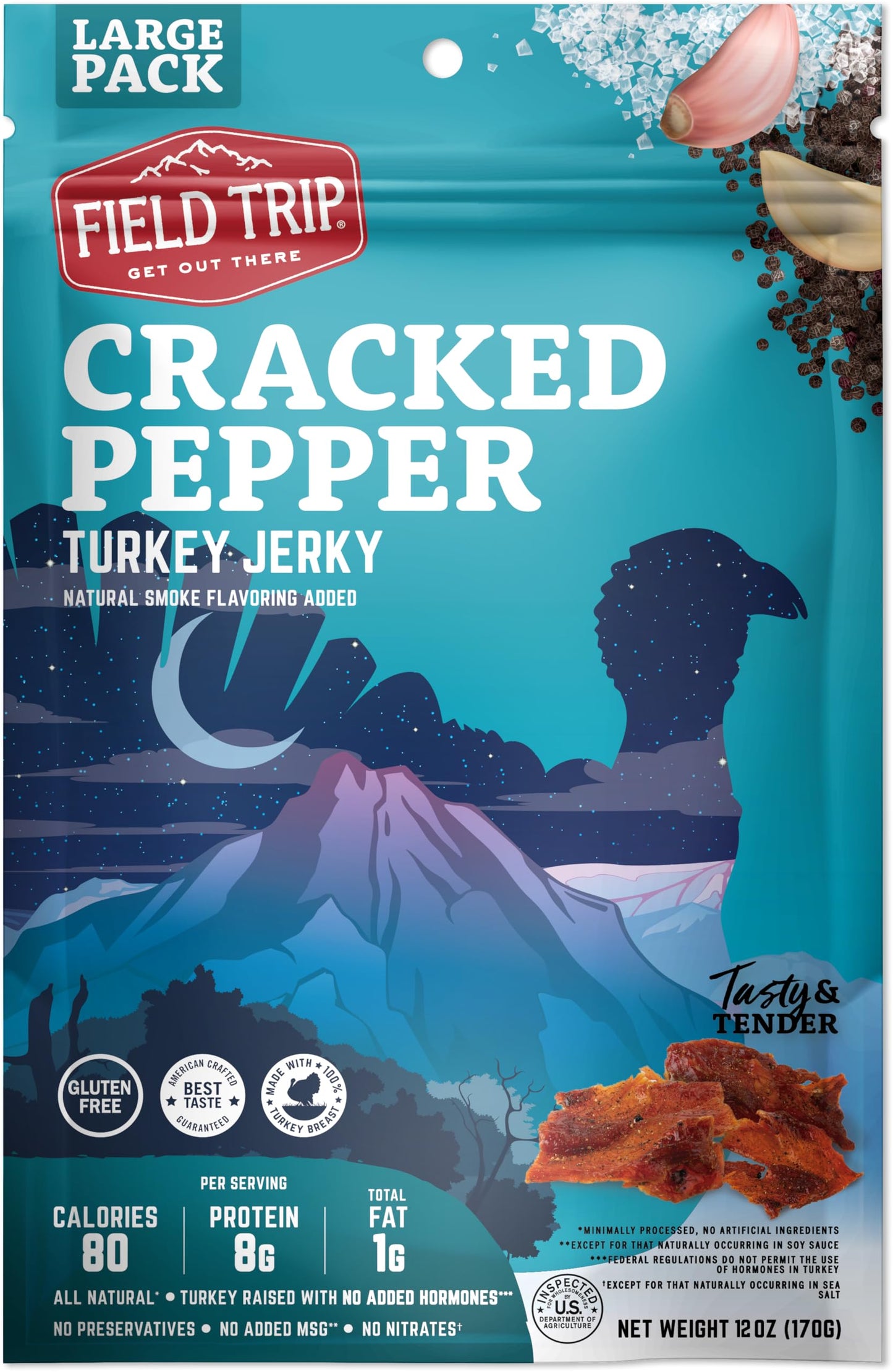 Field Trip Turkey Jerky, All Natural, Gluten Free, High Protein Snack, 12oz Bag, Cracked Pepper