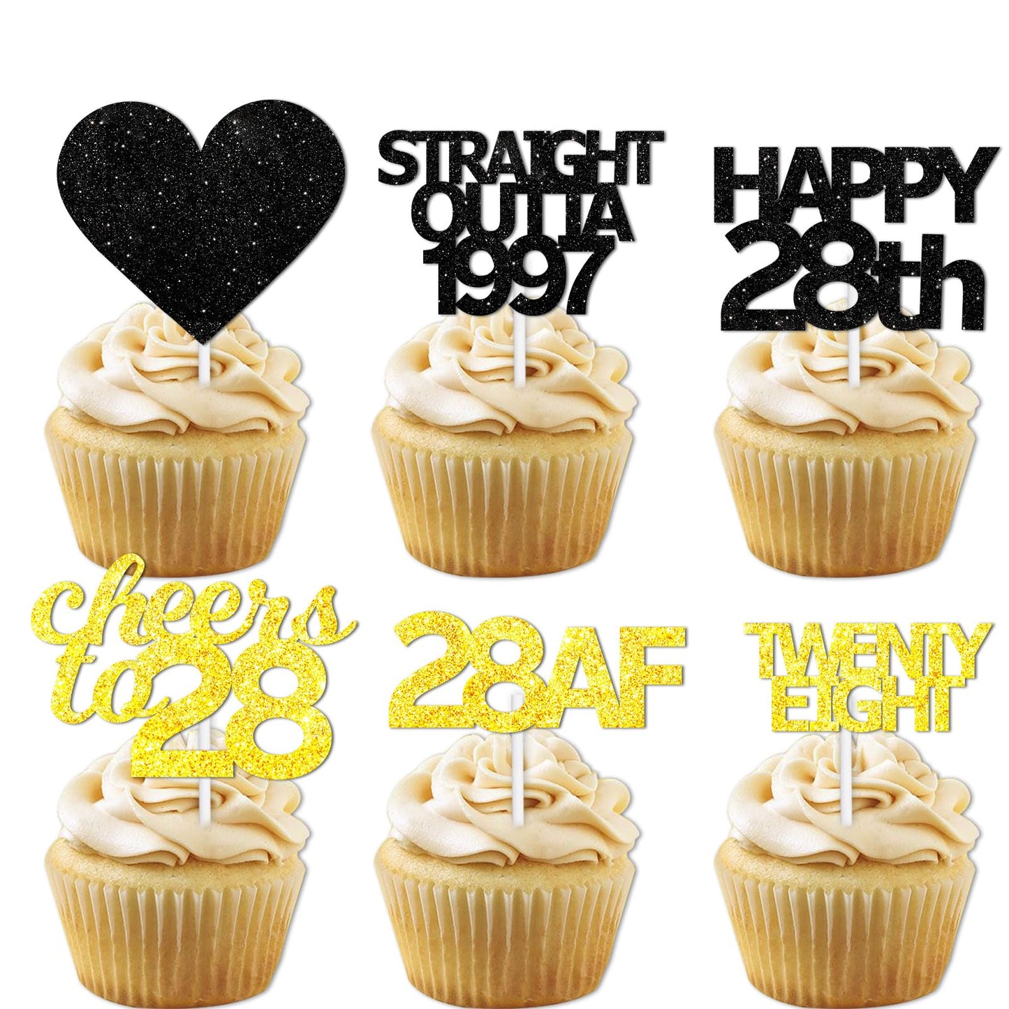 18pcs Black Gold Glitter Dessert Cupcake Pick for Straight Outta 1997 Cheer to 28 Years Old Theme Decor Supplies Happy 28th Birt