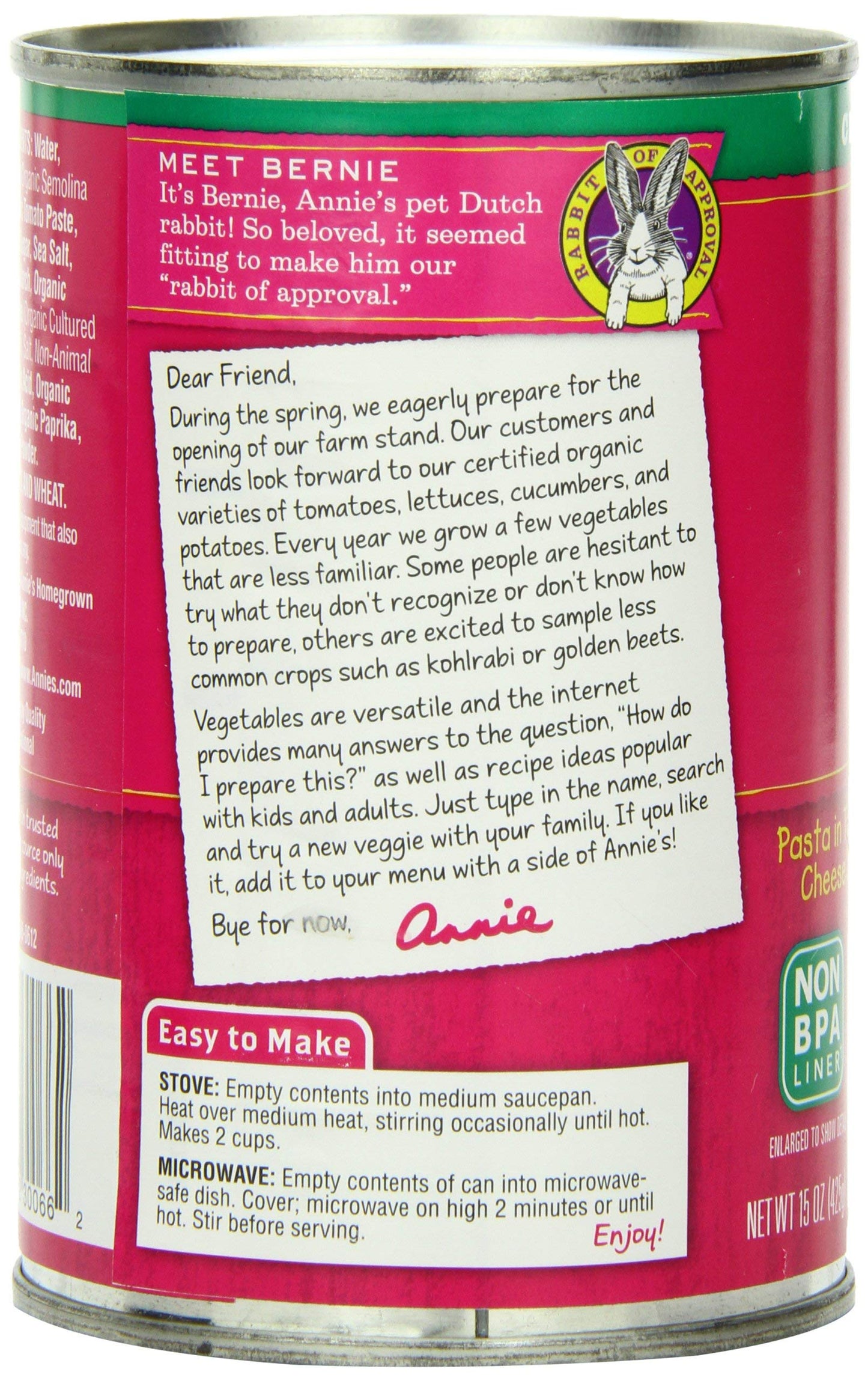 Annies Organic Canned Pasta, Bernie Os, Tomato & Cheese Sauce, 15 Ounce (Pack of 12)