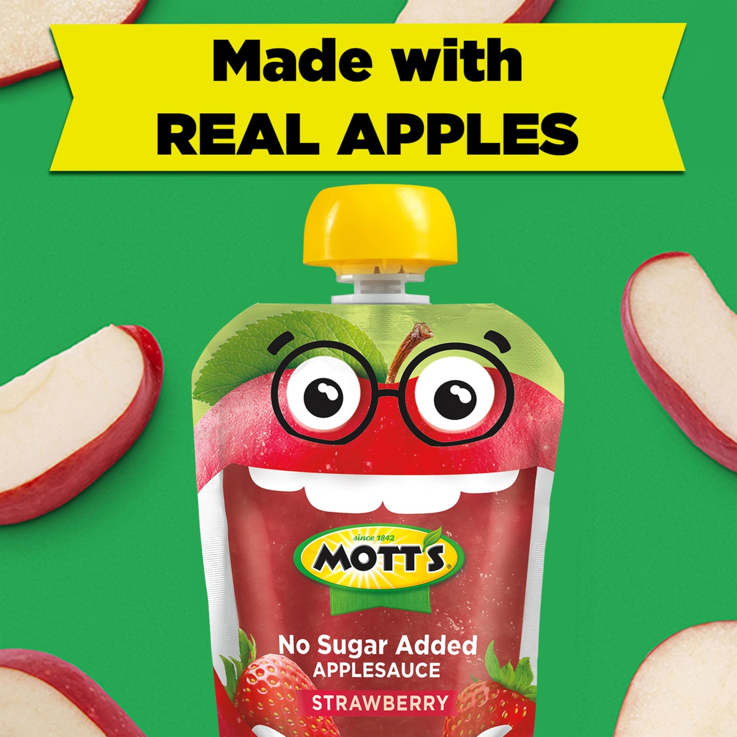 Motts No Sugar Added Strawberry Applesauce, 3.2 oz clear pouches, 12 count