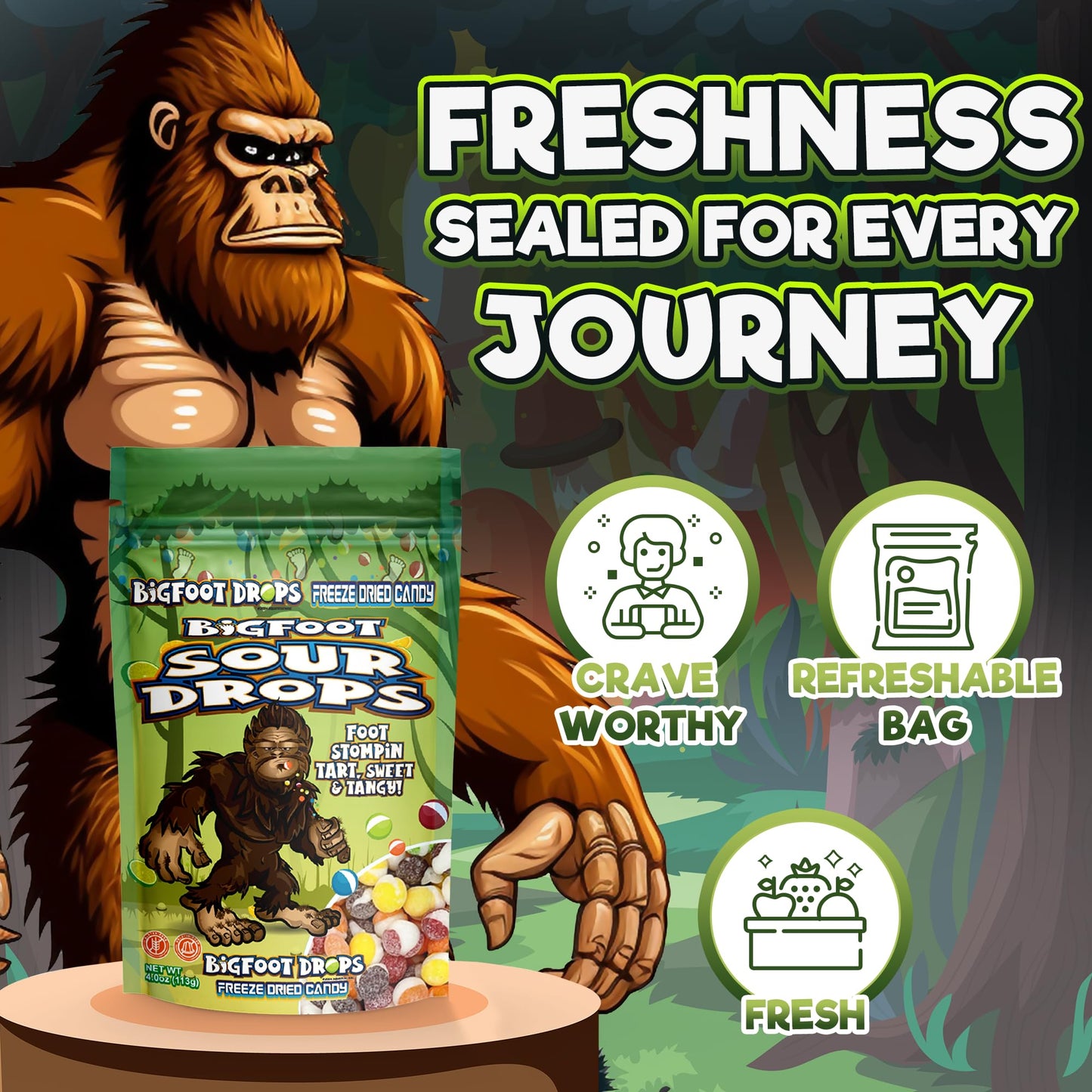 Bigfoot Sour Drops, Freeze Dried Candy, 4 Oz, Assorted Strawberry, Orange, Lemon, Grape, Lime Flavors, Bag Pouch, Ideal Gift Snack