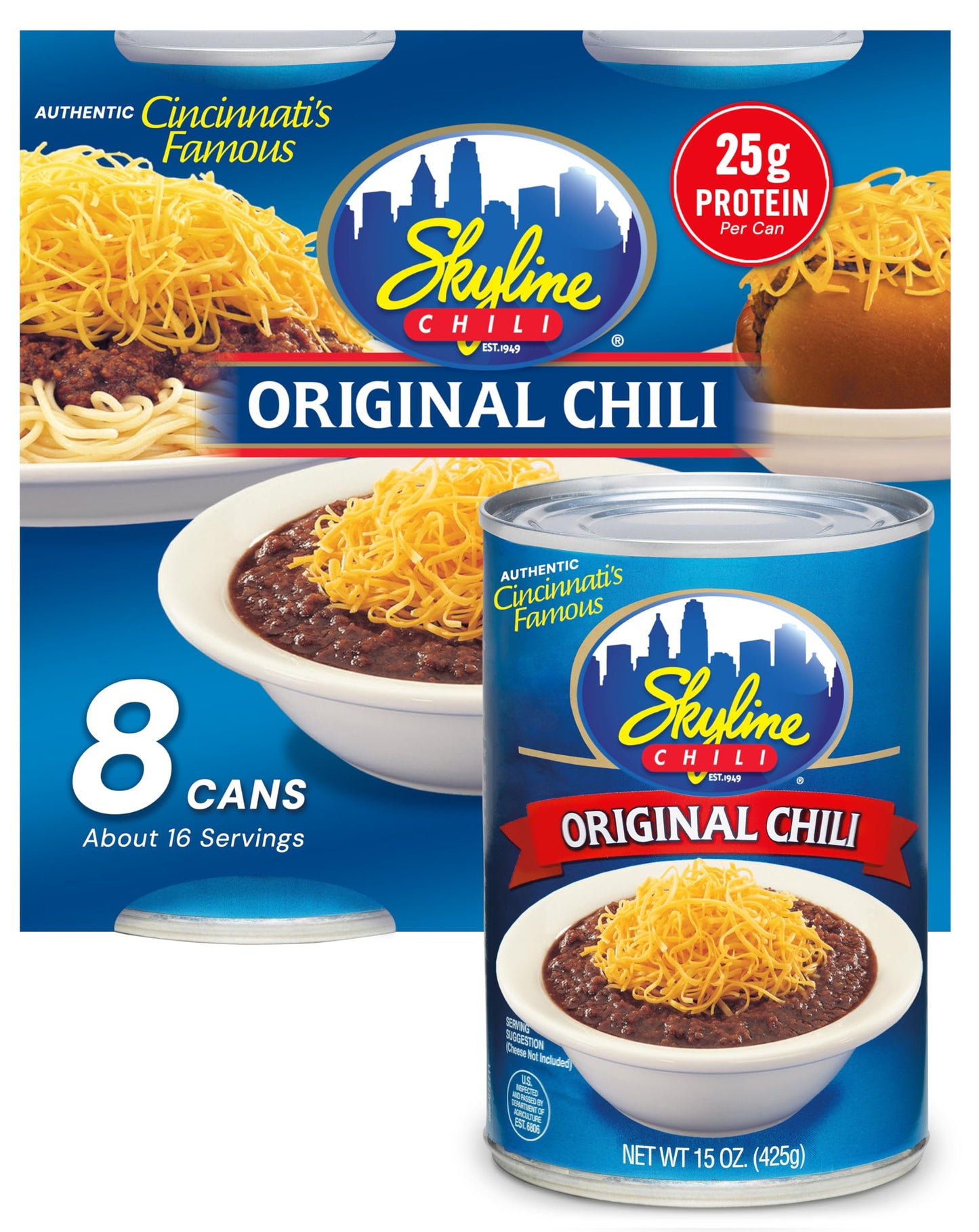 Skyline Chili Canned Chili 8-Pack, Authentic Cincinnati Chili, 15 oz Cans, No Beans, High-Protein Hot Dog Sauce