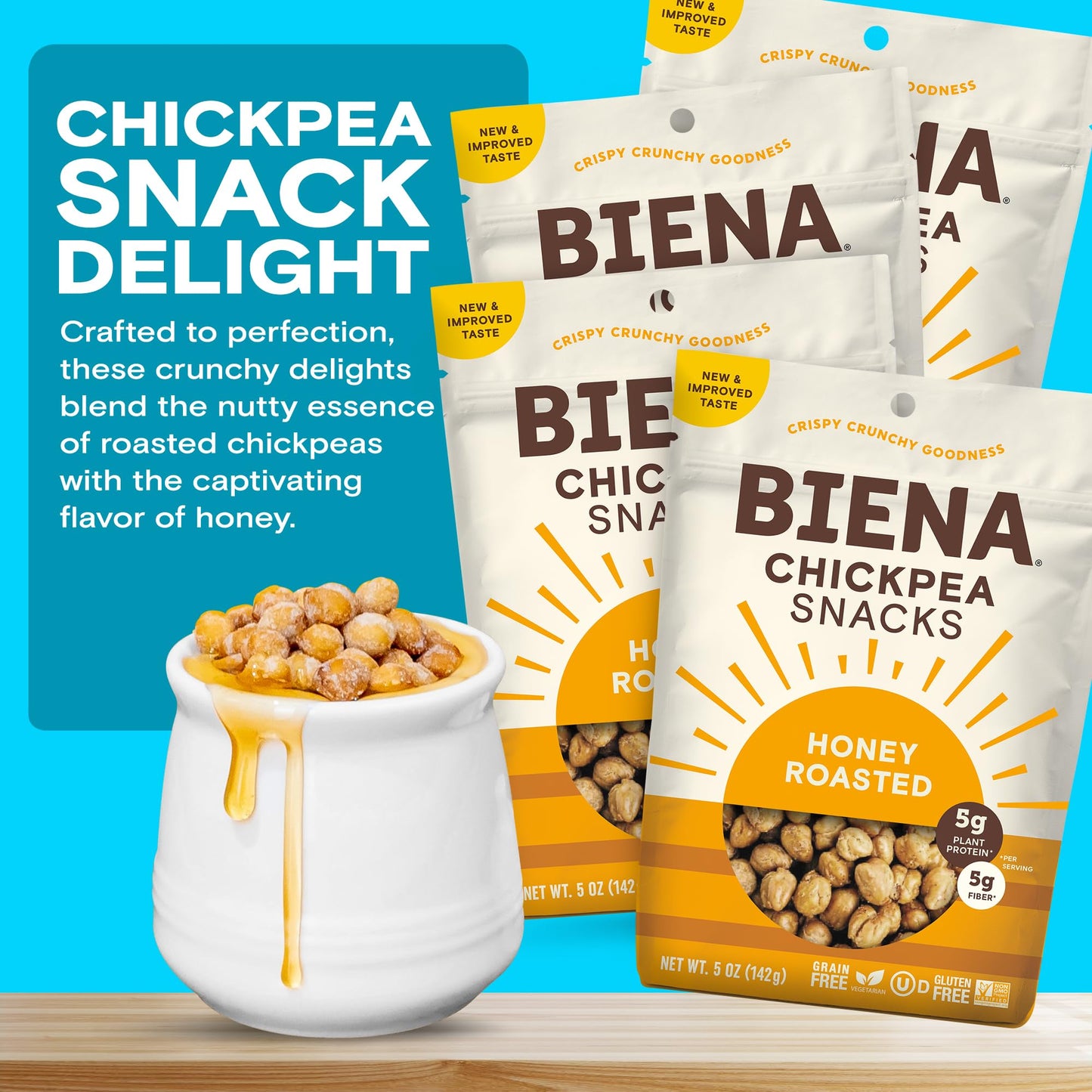 BIENA Chickpea Snacks - Crunchy Roasted - High Fiber Protein - 4-Pack, 5 Ounce Bags - Honey Roasted - Brown