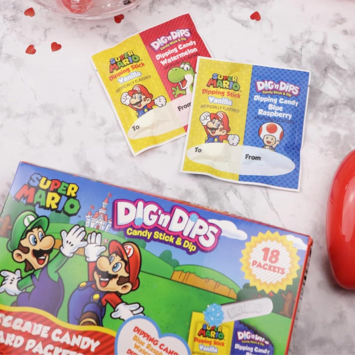 Super Mario Dig N Dips Box, Birthday Party Favor Kit With To/From Sections, 18 Count