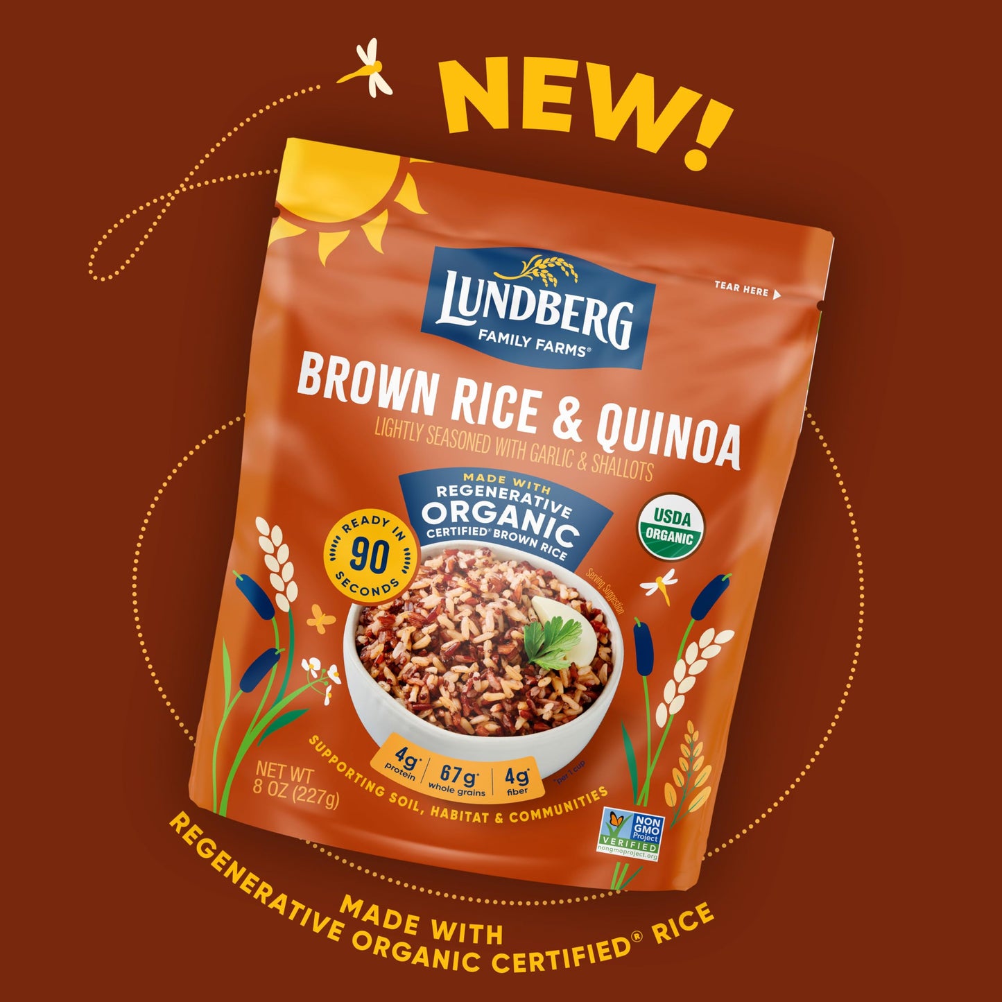 Lundberg Brown Rice & Quinoa, Ready In 90 Seconds, 6-Pack – Regenerative Organic Certified Brown Jasmine Rice, Organic Quinoa, Microwavable, Lightly Seasoned With Garlic & Shallots, 8 Oz Ea