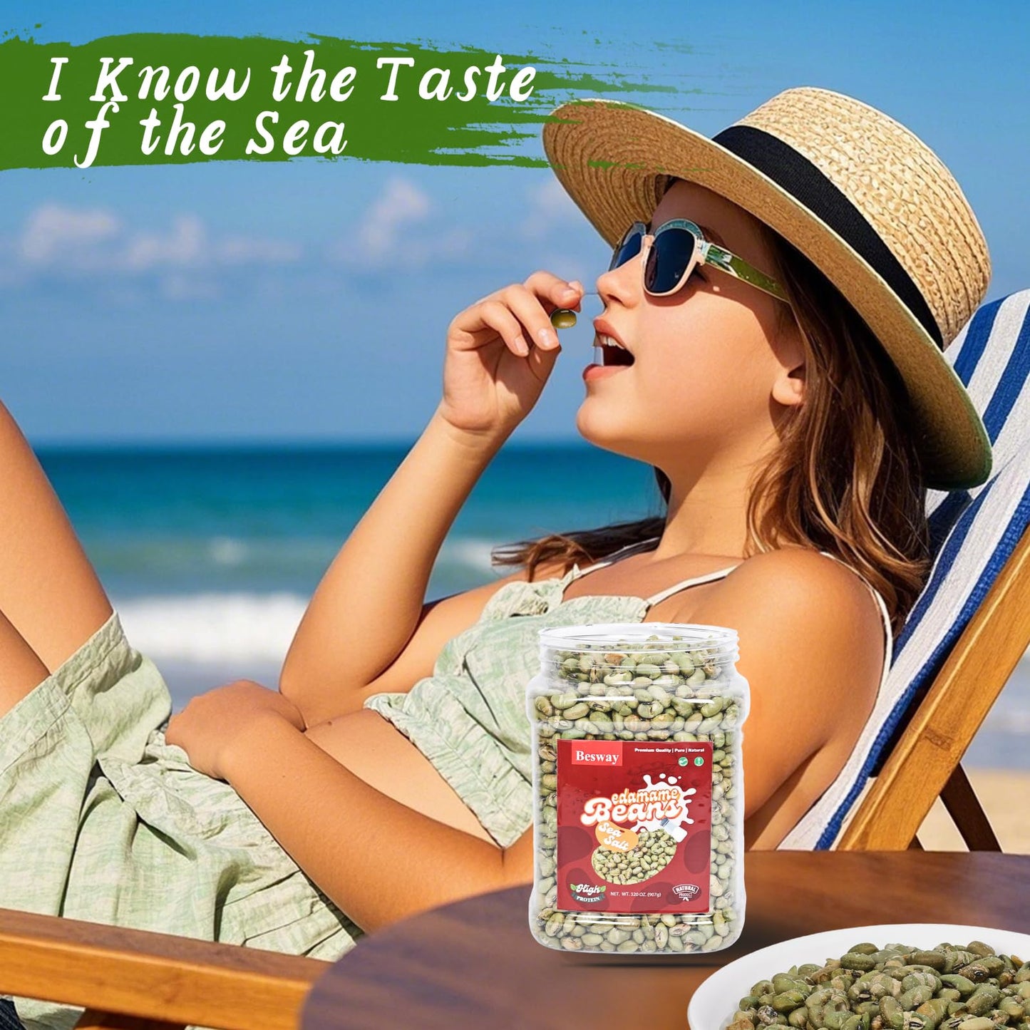 Besway Sea Salt Dry Roasted Edamame 2 Lb, High Protein Crunchy Snack, Non-Gmo, Vegan, Gluten-Free, Transparent Plastic Jar 906 G