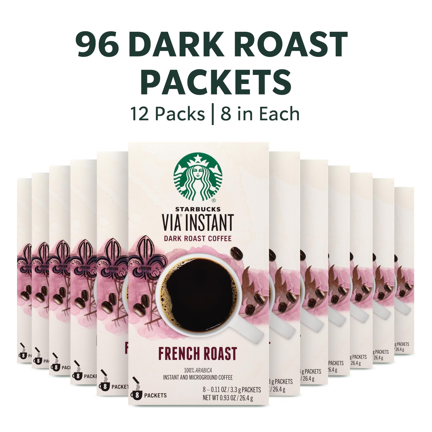 Starbucks VIA Instant Dark Roast Coffee, French Roast, 100% Arabica, 96 Packets (12 Boxes), 0.11 Ounce Each