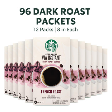 Starbucks VIA Instant Dark Roast Coffee, French Roast, 100% Arabica, 96 Packets (12 Boxes), 0.11 Ounce Each