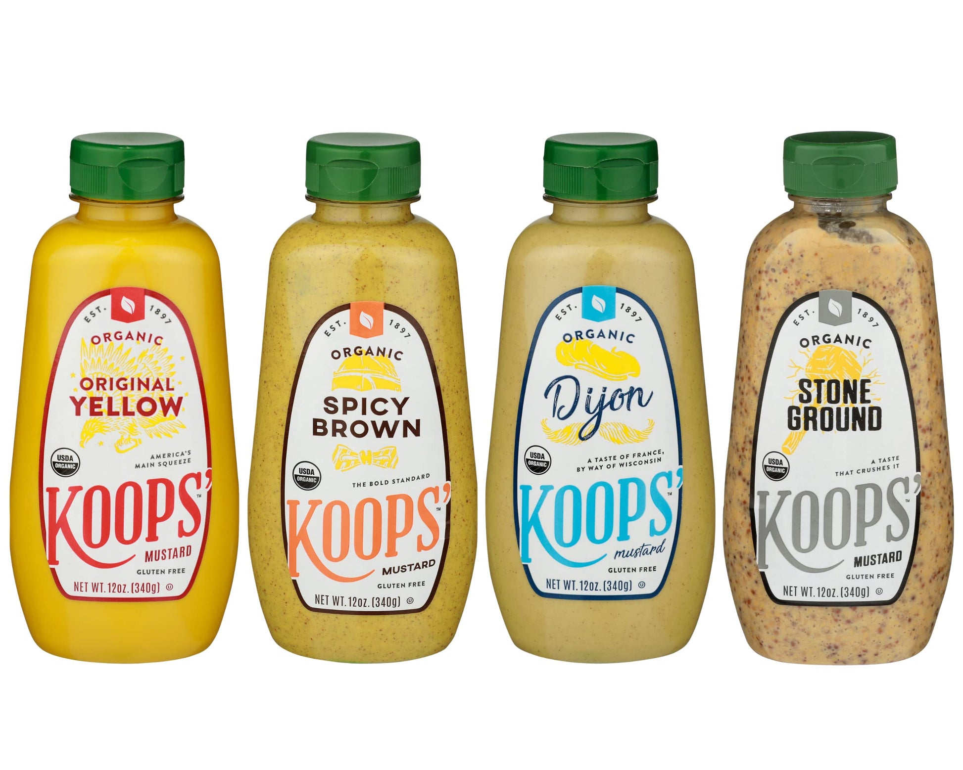 Koops Organic Mustard Variety Pack - Original Yellow, Spicy Brown, Dijon, & Stone Ground - Gluten-Free, Kosher, USDA Organic, M