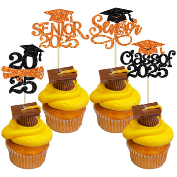 Gyufise 24Pcs 2025 Senior Graduation Cupcake Toppers with Glitter Senior Class of 2025 Cupcake Picks Senior 2025 Cupcake Decorat