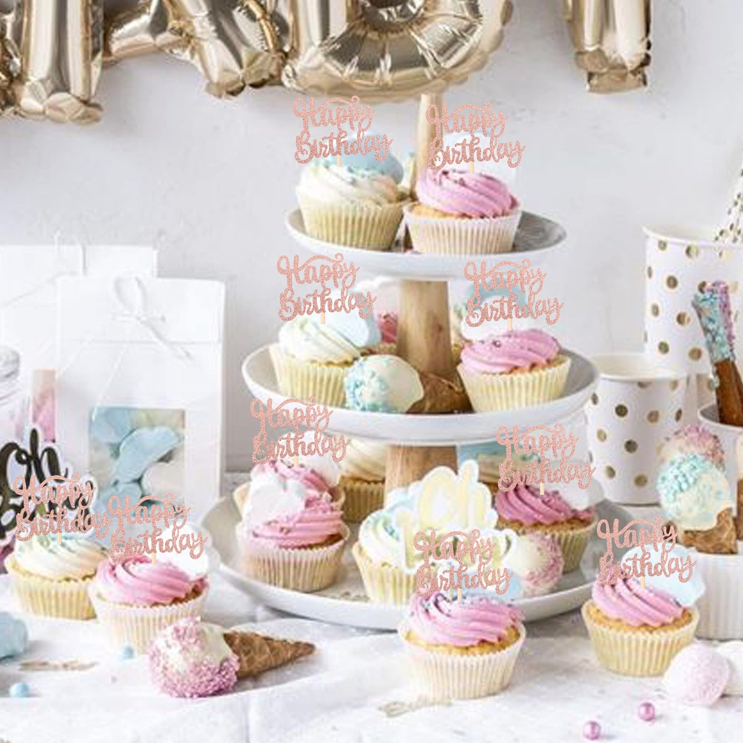36 Pcs Happy Birthday Cupcake Toppers Glitter Birthday Cupcake Picks Celebrating Birthday Party Cake Decorations Supplies Rose G
