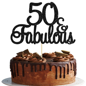 Gyufise 1Pcs 50 & Fabulous Cake Toppers Black 50 Birthday Anniversary Cake Toppers For 50 Birthday Anniversary Party Decorations