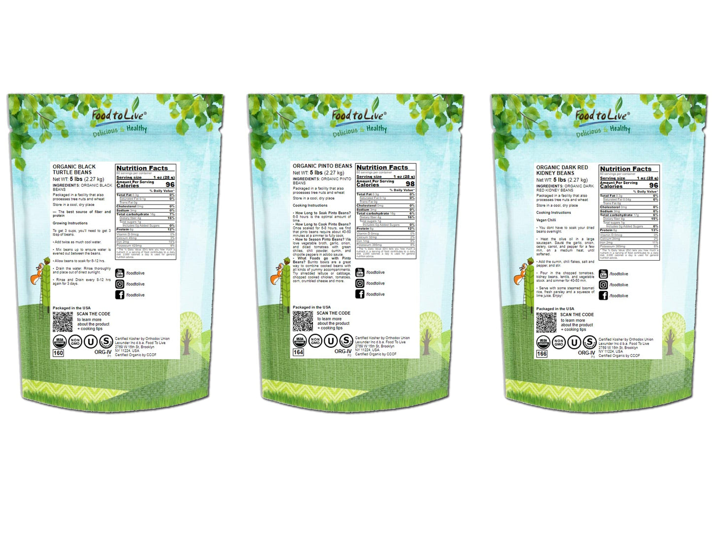 Food to Live Organic Dry Beans Bundle - Black, Pinto, Kidney Beans, 15 LB Total, Non-GMO, Vegan, Kosher, Bulk