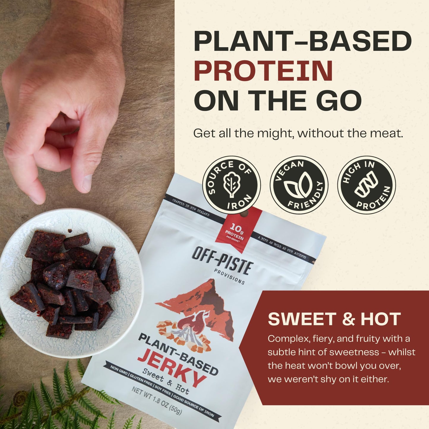 Off-Piste Sweet N Hot Plant-Based Jerky, 1.8Oz., Pack Of 3 - High Protein Healthy Snacks Vegan Jerky For Recovery, School, Offic