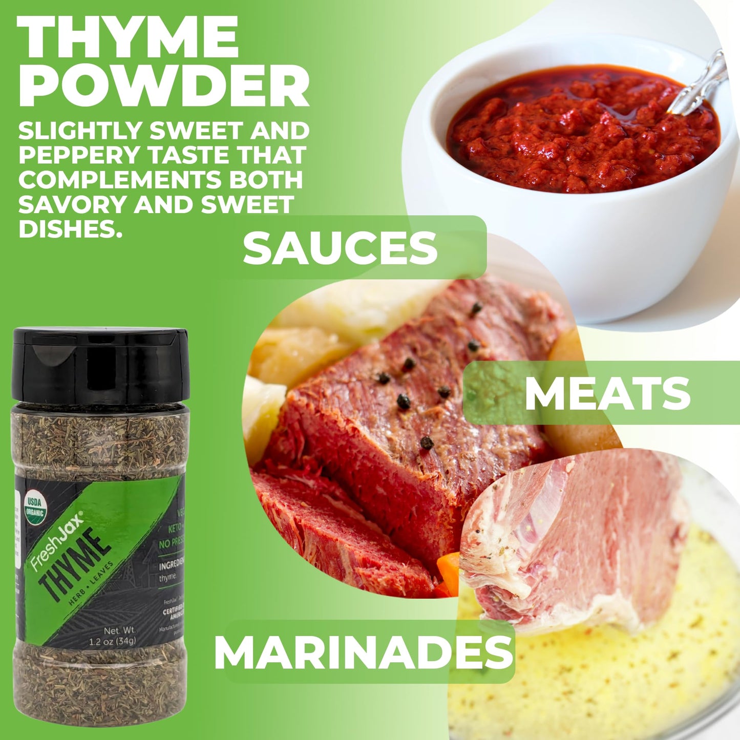 Freshjax Organic Thyme Leaves (1.2 Oz Bottle) Non Gmo, Gluten Free, Keto, Paleo, No Preservatives Dried Thyme Leaves | Handcraft