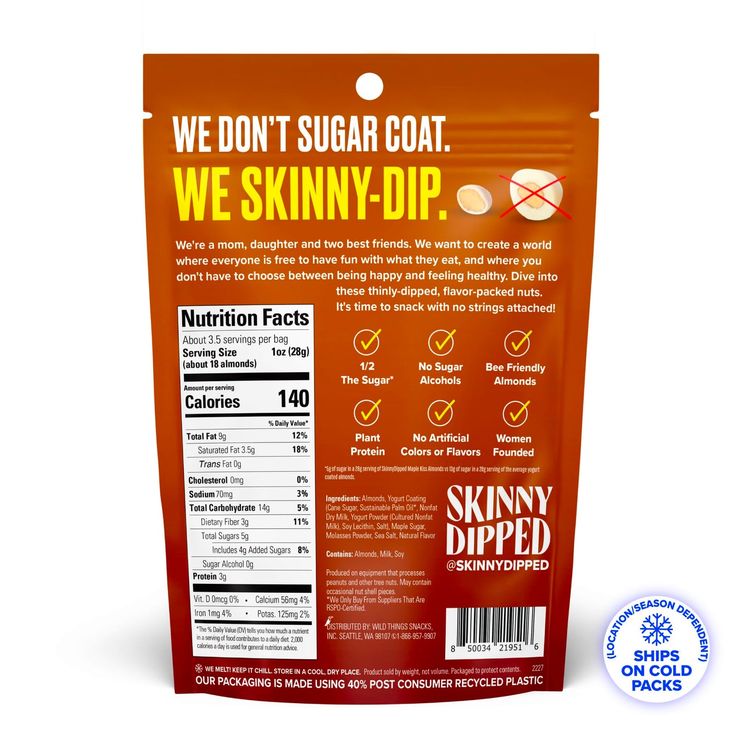 Skinnydipped Maple Kiss Almonds, Healthy Snack, Plant Protein, Gluten Free, 3.5 Oz Resealable Bags, Pack Of 5, Limited Edition