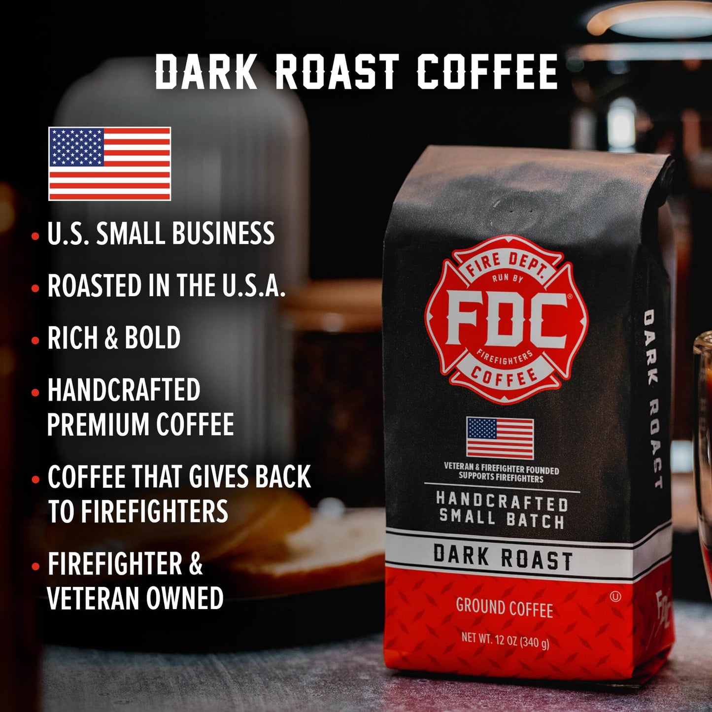 Fire Department Coffee Dark Roast Whole Bean Coffee, Bold & Smooth, 12 oz (Pack of 2), Veteran Owned, Roasted in the USA