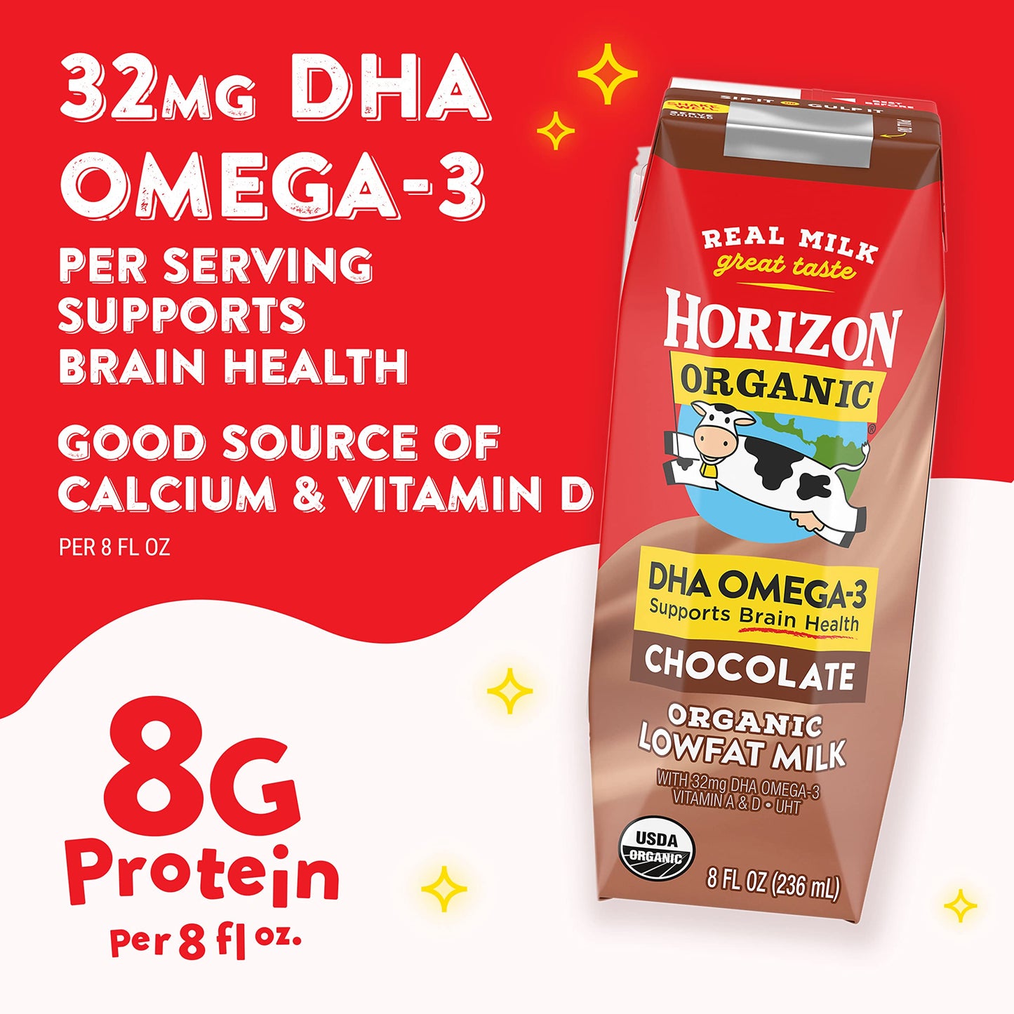 Horizon Organic Shelf-Stable 1% Lowfat Milk Boxes with DHA Omega-3, Chocolate, 8 Fl Oz, Pack of 12