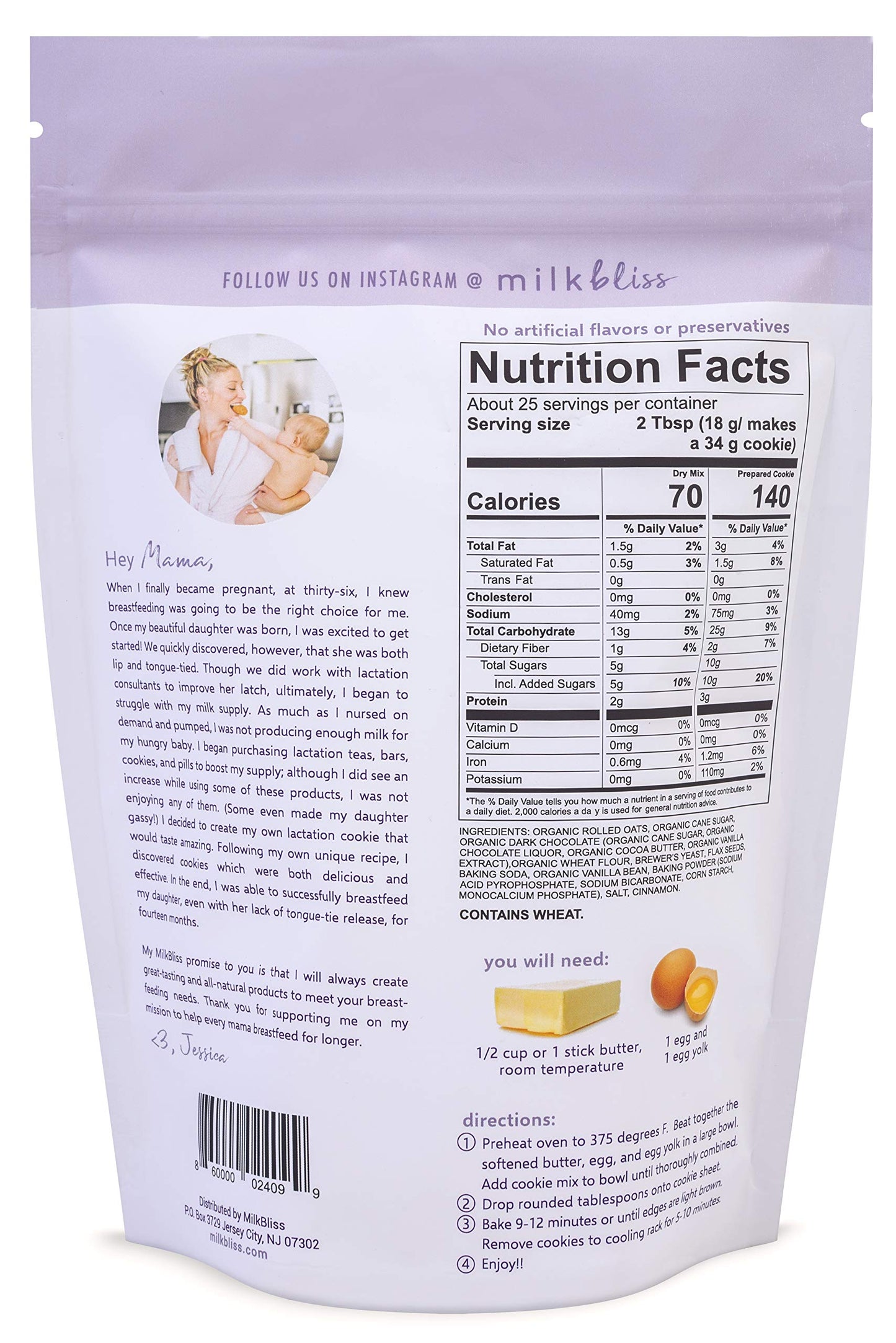 MilkBliss Dark Chocolate Chip Lactation Cookie Mix- Oatmeal Breastfeeding Cookie dietary product Support for Milk Supply Increase 15 oz